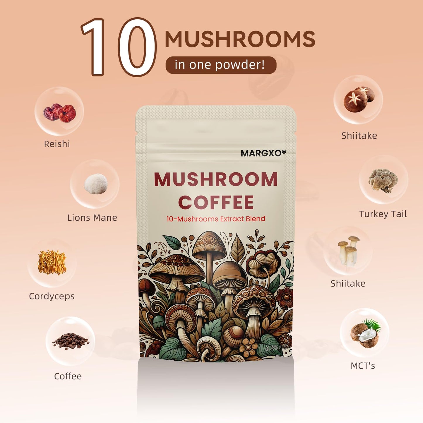 MARGXO Mushroom Coffee 10-Mushrooms Extract Blend Powder 6.35 oz