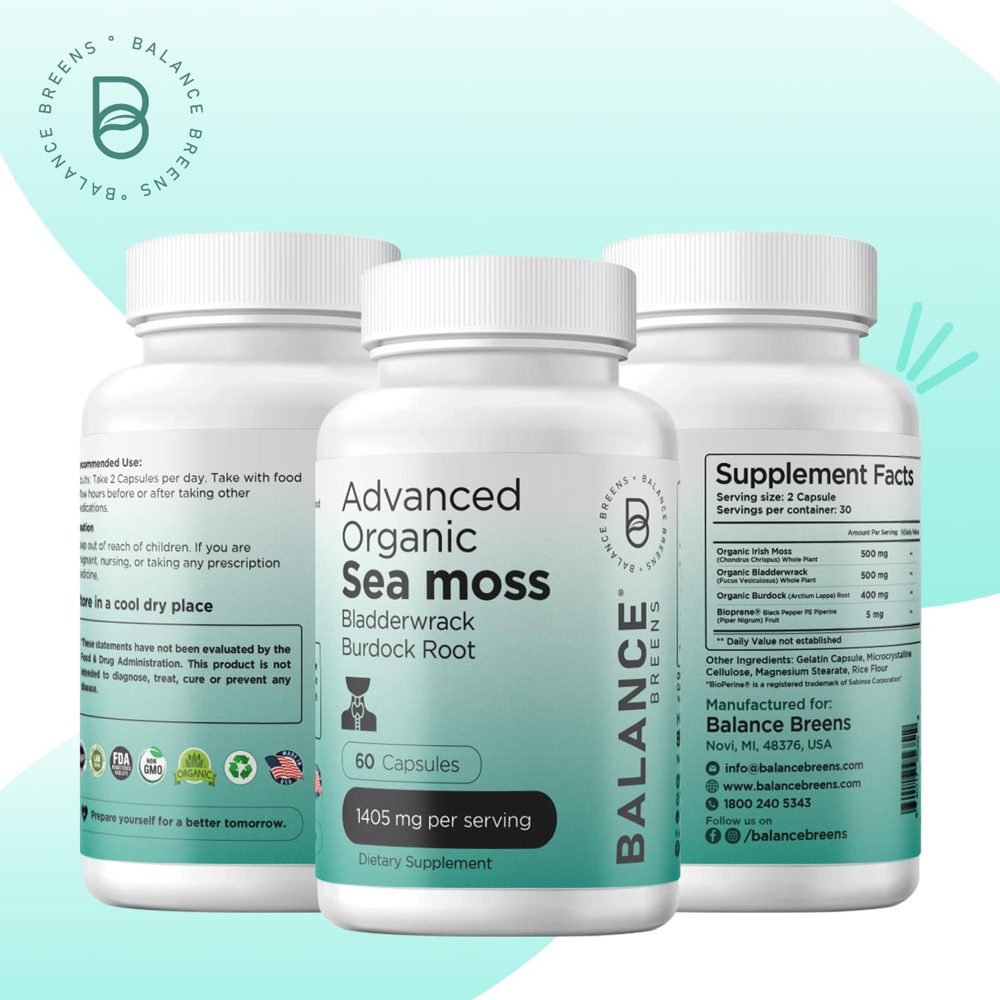 Balancebreens Organic Irish Sea Moss, Bladderwrack and Burdock Root Supplement 1405mg, 120 Veg Capsules