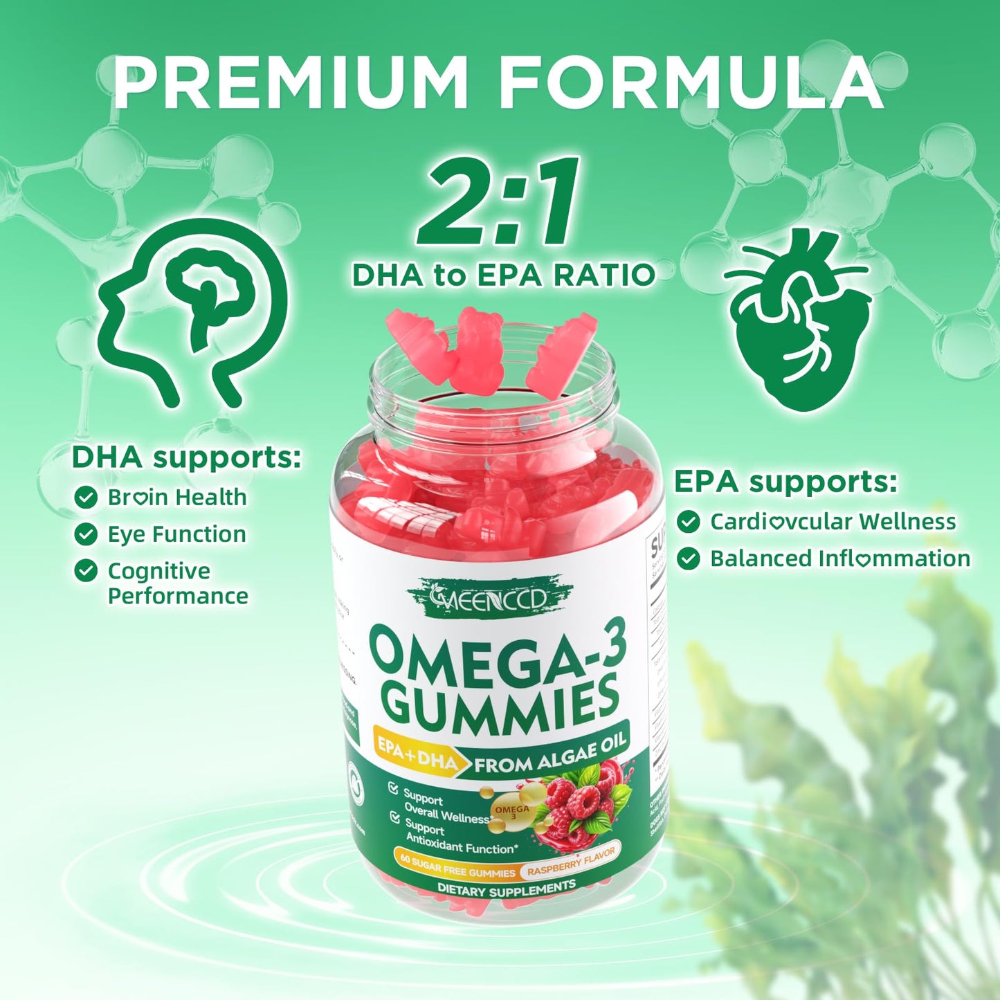 MEENCCD Vegan Omega-3 Gummies 1000mg, Algae-Based DHA 600mg & EPA 300mg, No Fish Taste, 60 Gummies