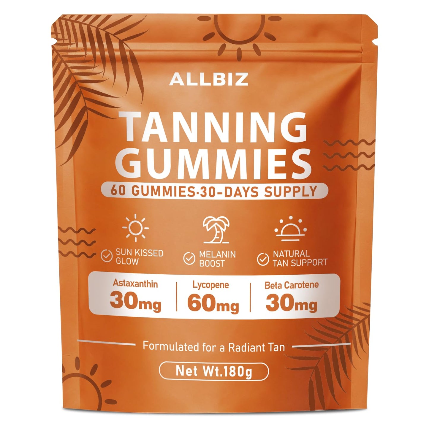 ALLBIZ Tanning Gummies with Astaxanthin & Beta Carotene, Glow Support Supplement for Natural Radiance, Vitamin C & E, Non-GMO Vegan, Sugar Free (Gummy), 60 Count