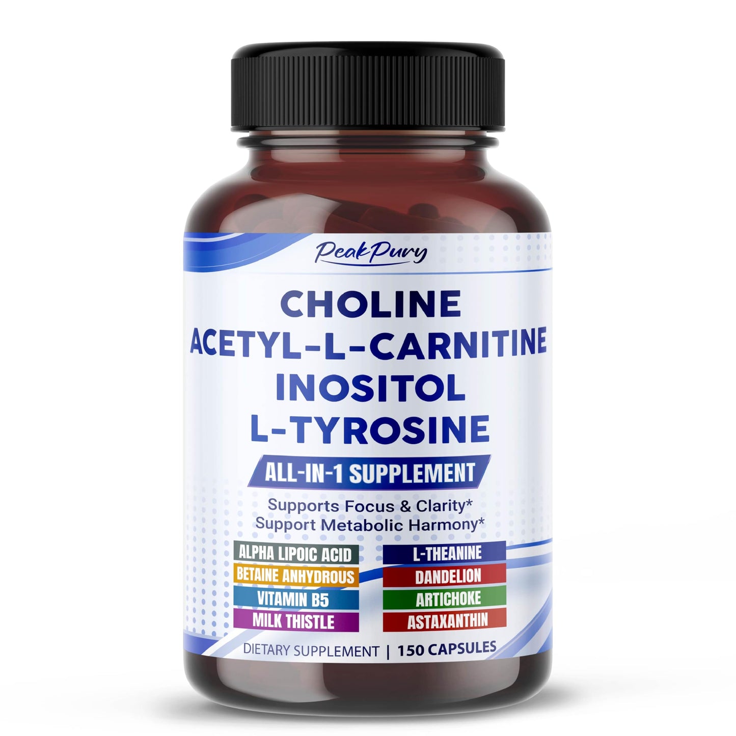 PEAKPURY Ultra Choline, Acetyl-L-Carnitine, Inositol & L-Tyrosine – Daily Supplement for Executive Focus & Metabolic Harmony, 150 Capsules