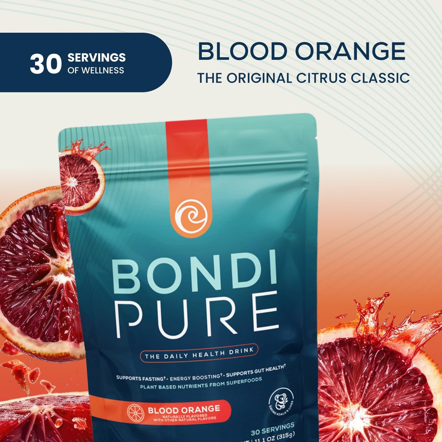 Bondi Pure Daily Health & Detox Drink Blood Orange Powder, 30 Servings