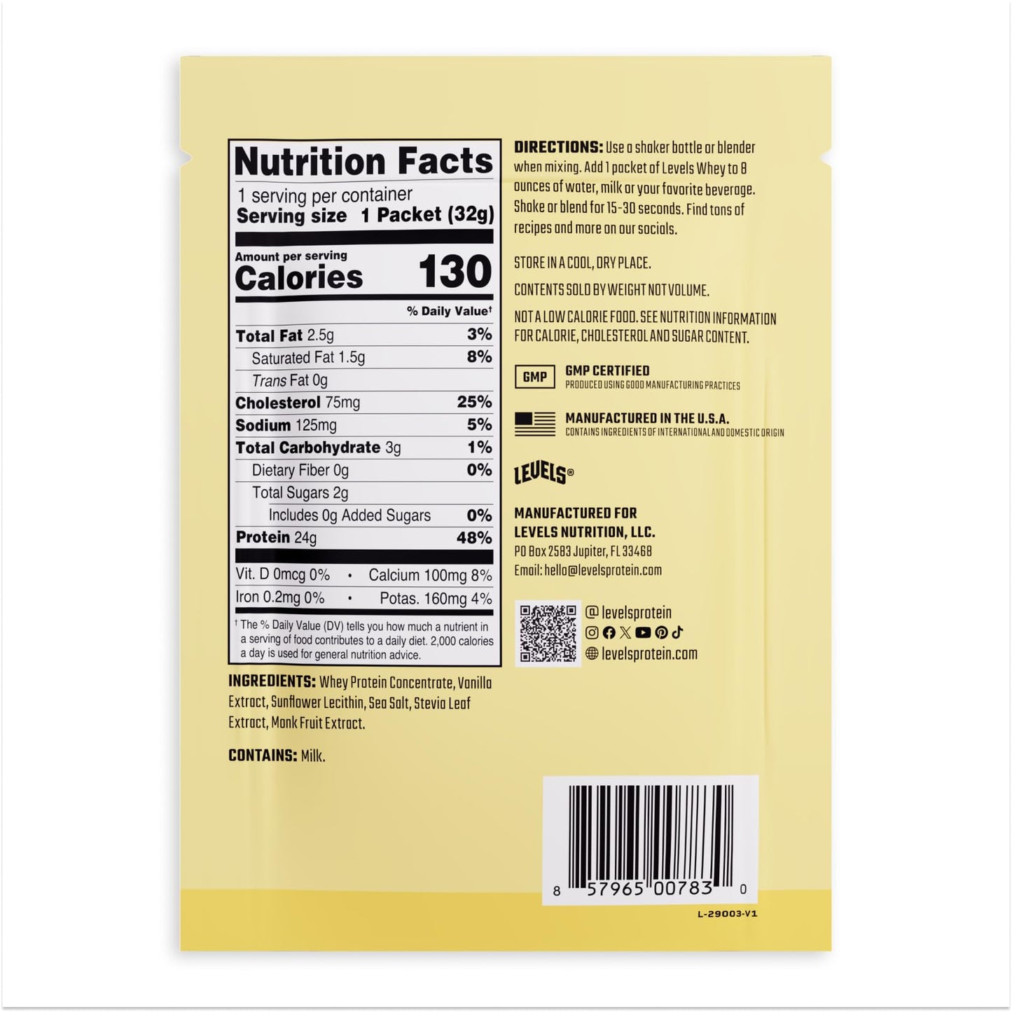Levels Nutrition Grass Fed Whey Protein Powder Vanilla Bean 14 Count