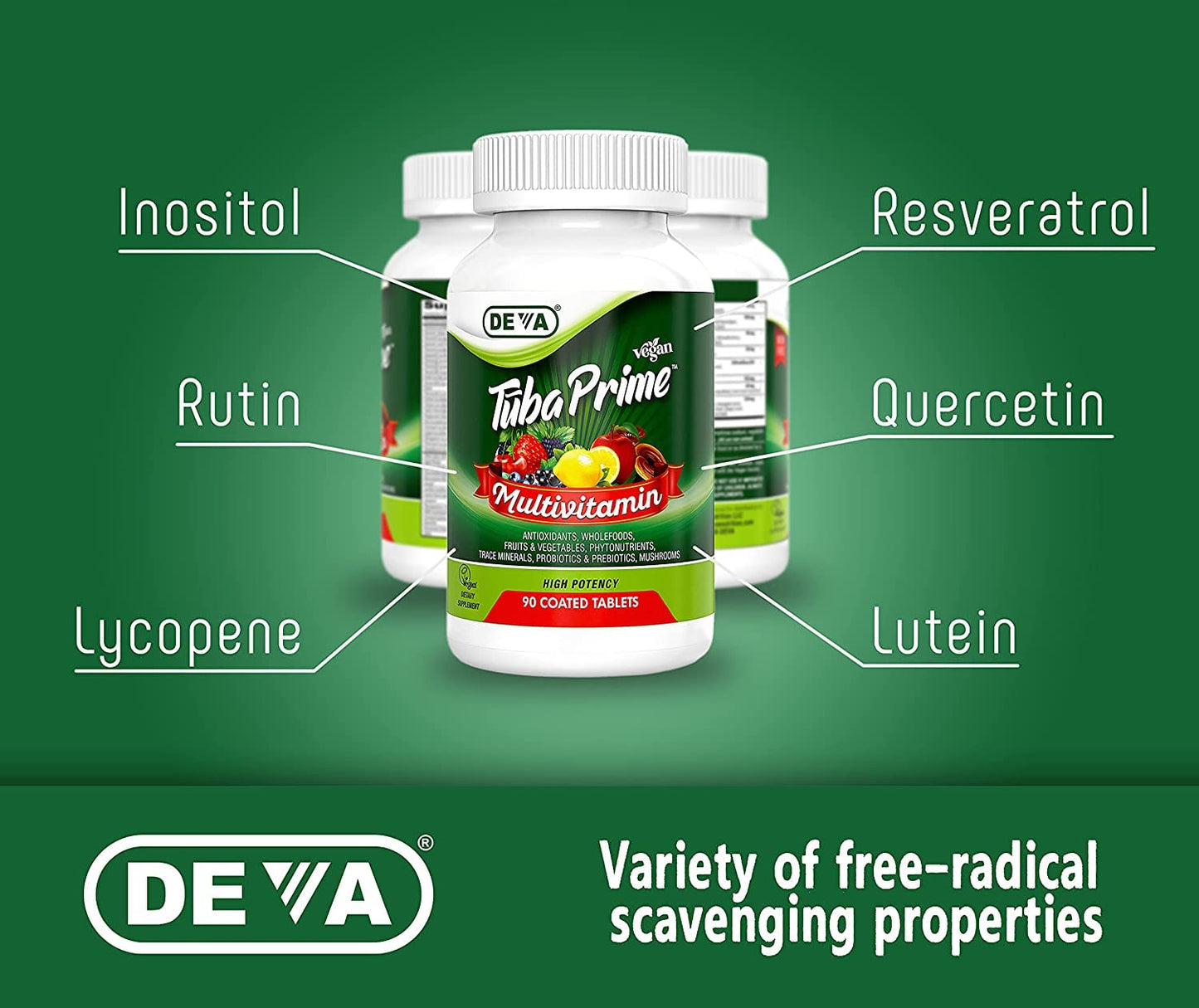 DEVA Tuba Prime Vegan Multivitamin High-Potency Vitamin and Mineral Dietary Supplement Antioxidants, Fruit and Vegetable Blend, Super Mushrooms, Probiotics, Prebiotics, Seeds, Herbs - 180 Tablets