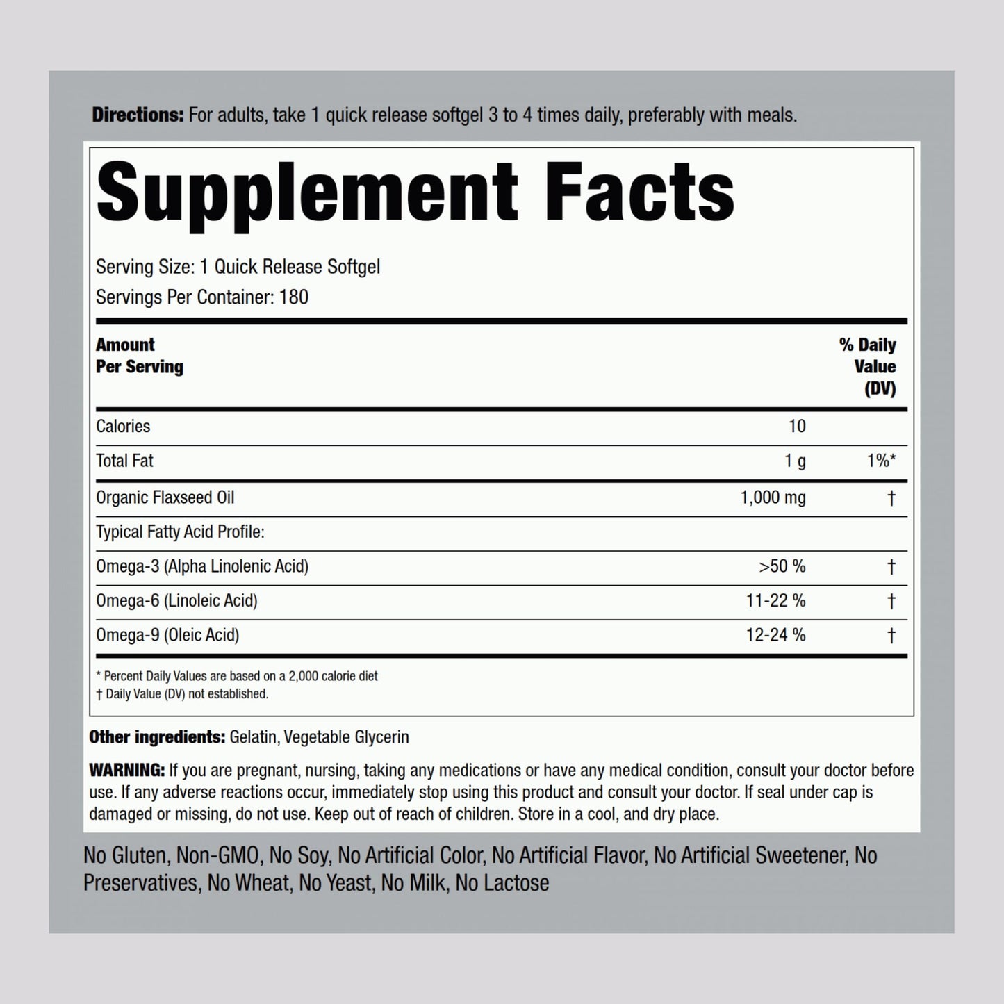 Piping Rock Flaxseed Oil 1000mg Softgel Capsules 180 Count