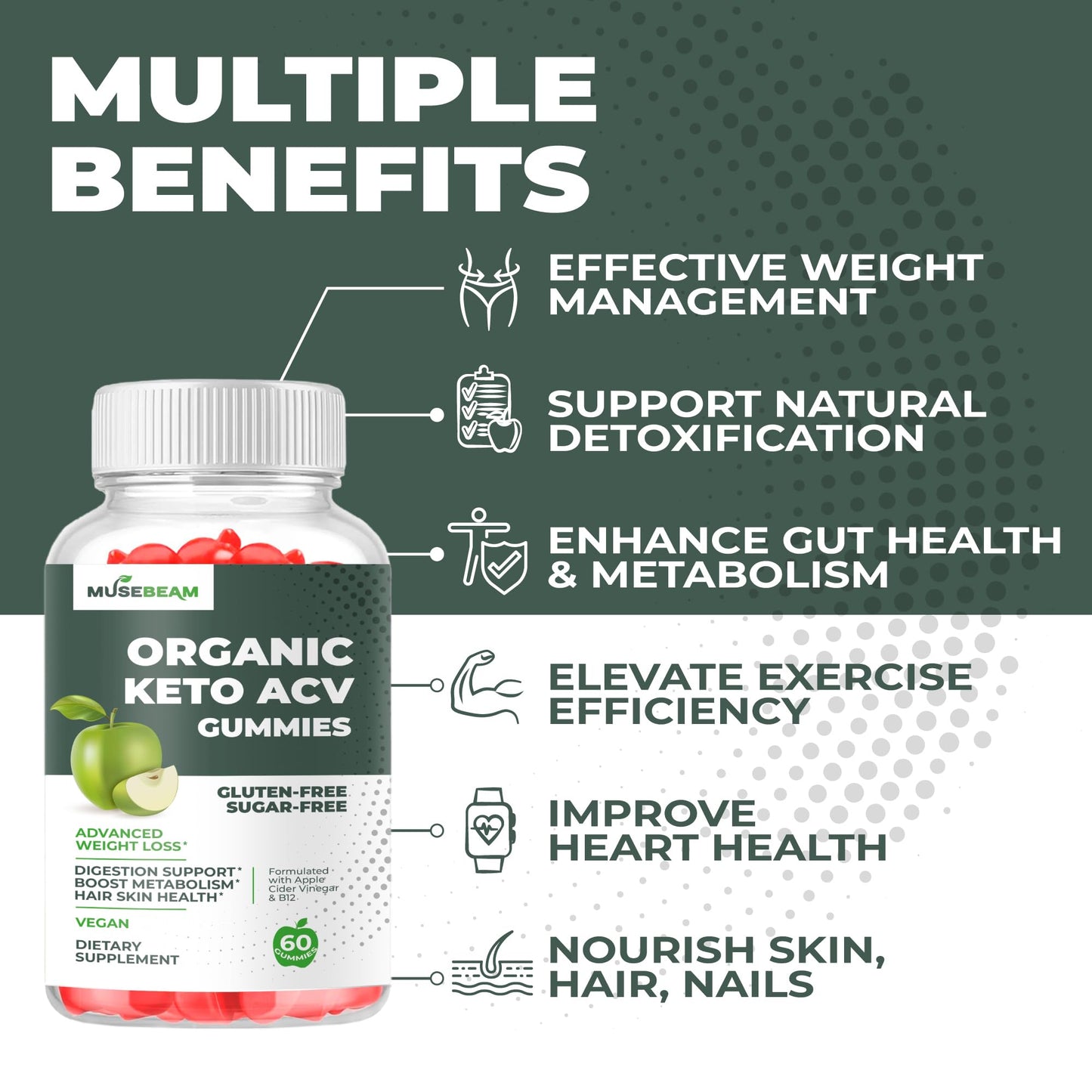Musebeam Organic Keto ACV Gummies Advanced Weight Loss - Gluten & Sugar Free Belly Fat Burner Apple Cider Vinegar Diet Supplement for Women and Men (1000mg) 60 Gummies