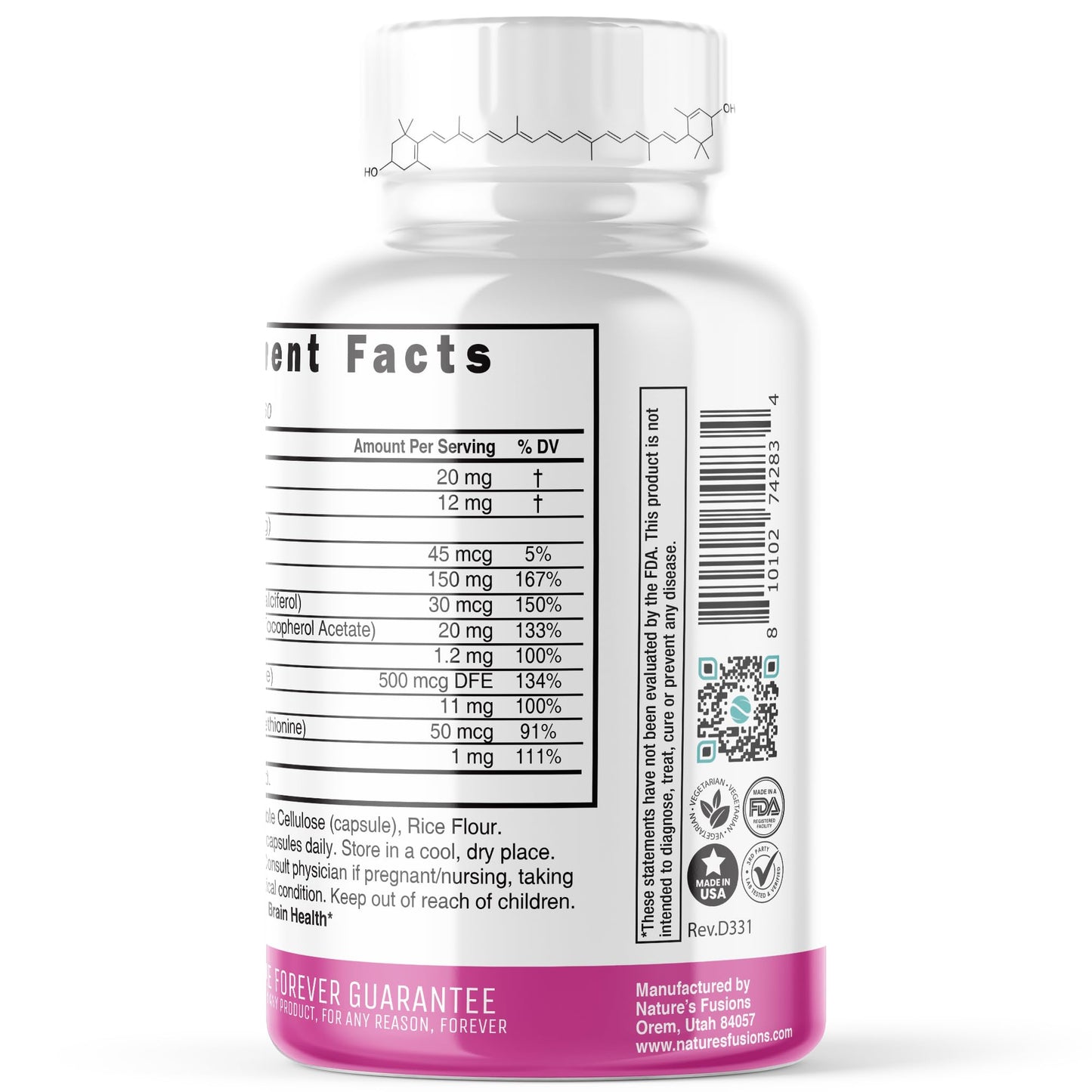 Nature's Fusions Nutri Lutein 20mg Eye Vitamins Complex - Triple Carotenoid Formula - Lutein and Zeaxanthin - Contains Zinc, Vitamins A, C, D3, E, Folate - 60 Capsules