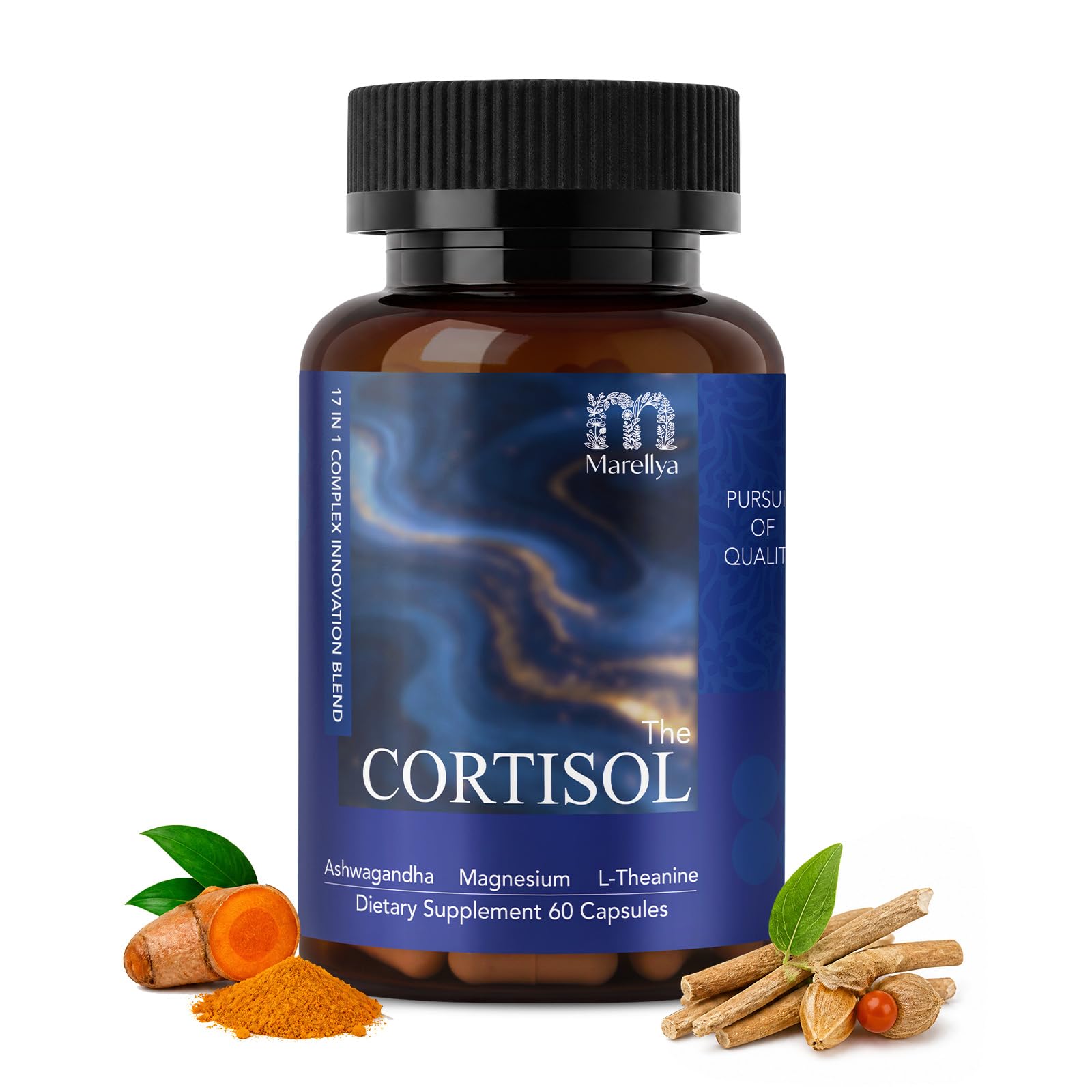 Marellya Cortisol Supplement for Women & Men – 17-in-1 Cortisol Manager with Ashwagandha, L-Theanine & Magnesium, 60 Vegetarian Capsules