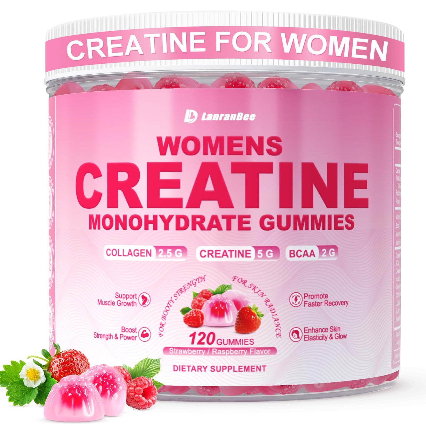 LanranBee Creatine Monohydrate Gummies for Women with Collagen, BCAA, L-Carnitine & Taurine – Strawberry Flavor, Sugar Free, 120 Count