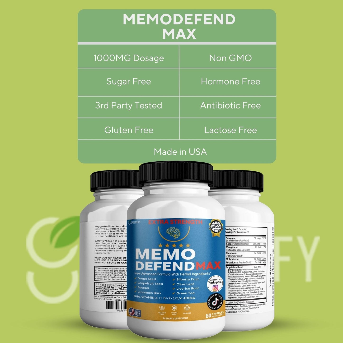 GREENVIFY Memo Defend Max Memory Support Supplement 60 Capsules