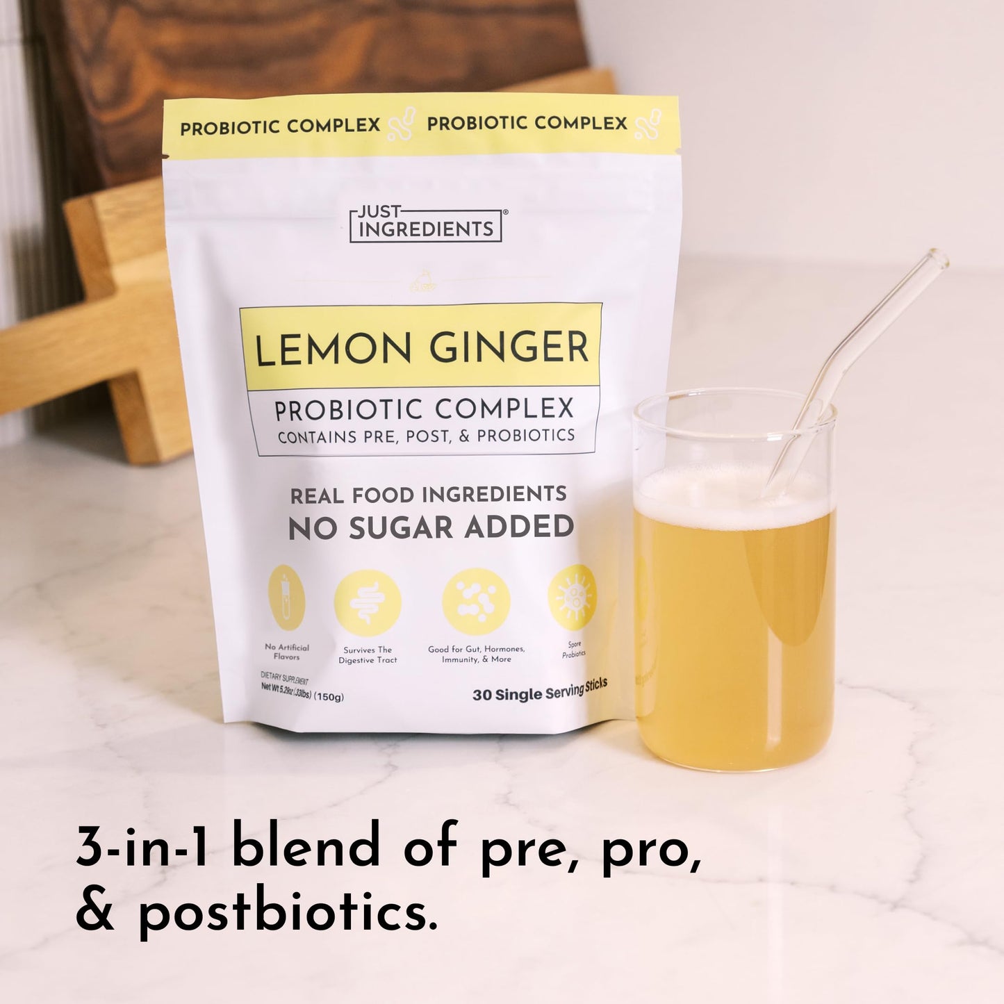 JUST INGREDIENTS Lemon Ginger Probiotic Complex Powder 5.4 Ounce