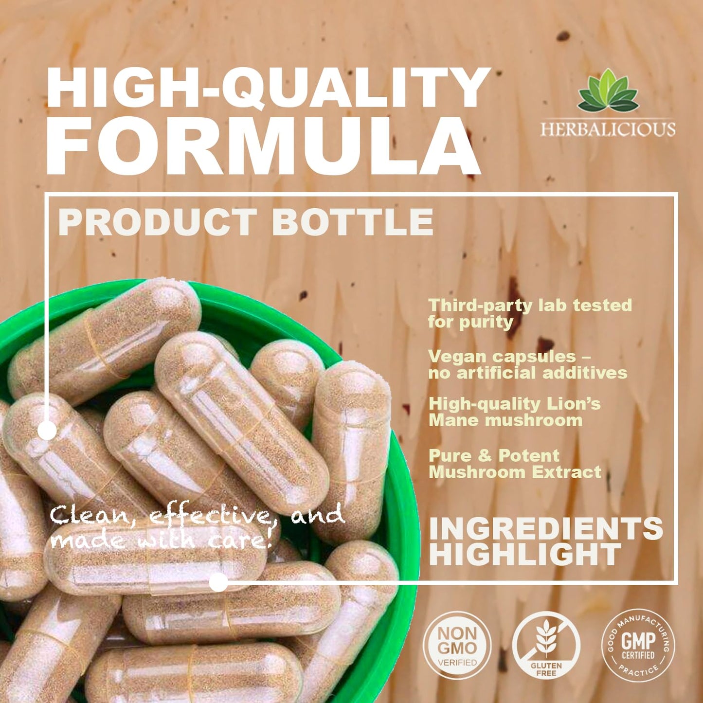 HERBALICIOUS Lion’s Mane Supplement Capsules, 120 Capsules
