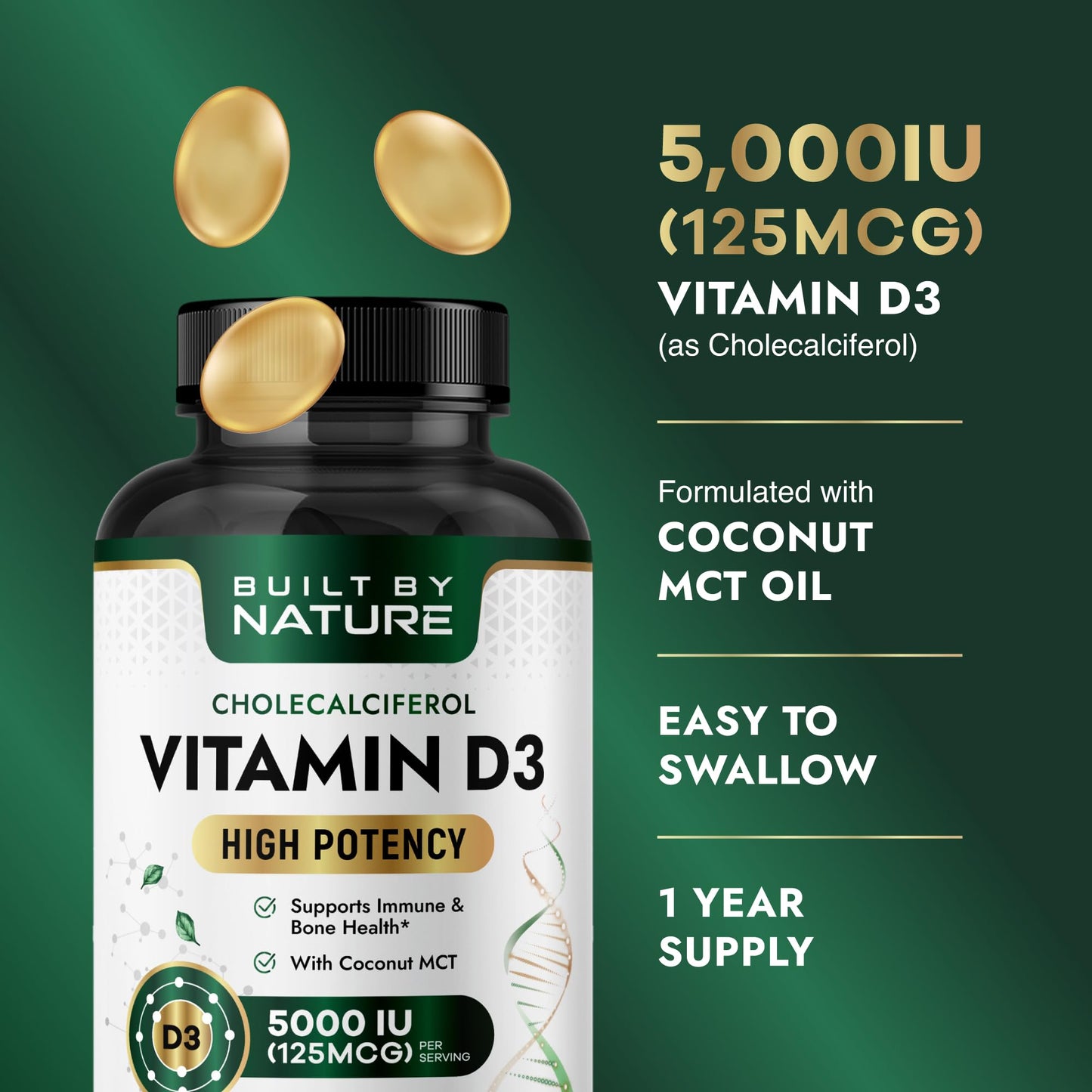 Built by Nature Vitamin D3 5000 IU Supplement 360 Softgels