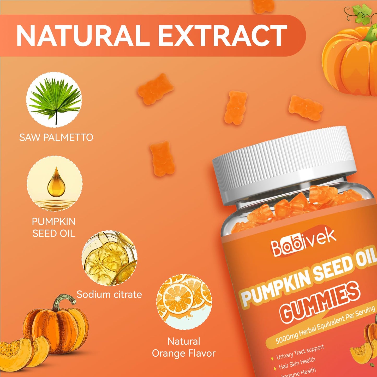 Babivek Sugar Free Pumpkin Seed Oil Gummies with Saw Palmetto, 120 Count