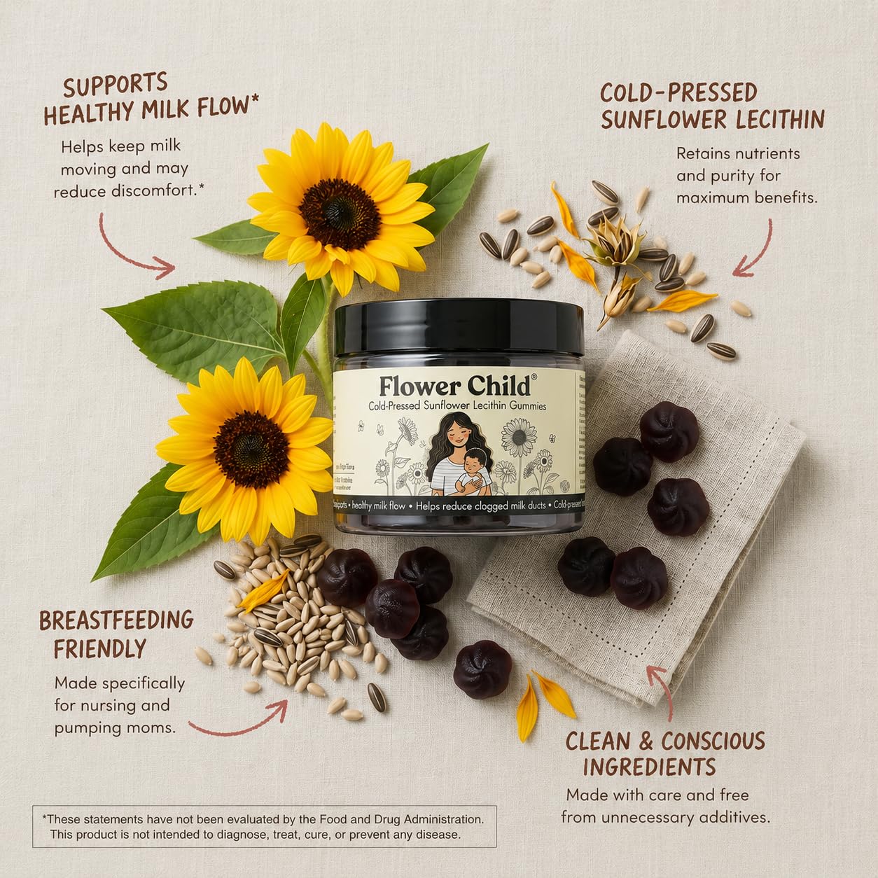 Flower Child Sunflower Lecithin Cold-Pressed Gummies 60 Count