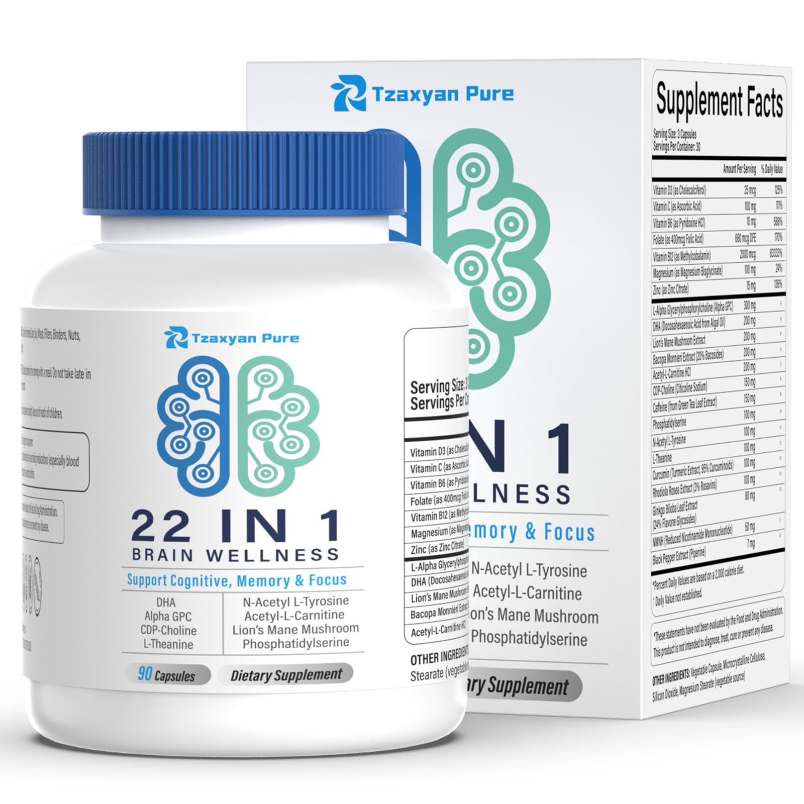 Tzaxyan Pure Brain Supplements for Memory and Focus - 22-in-1 Brain Supplement with Alpha GPC, Citicoline, Vitamin B12, Bacopa, Lion’s Mane, DHA - Brain Health for Clarity, Energy & Cognitive Support, 90 Capsules