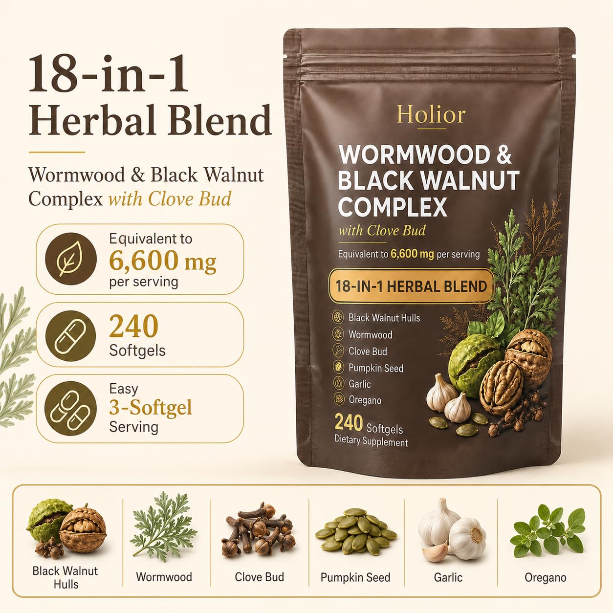 HOLIOR Wormwood Black Walnut Cloves Capsules 240 Count