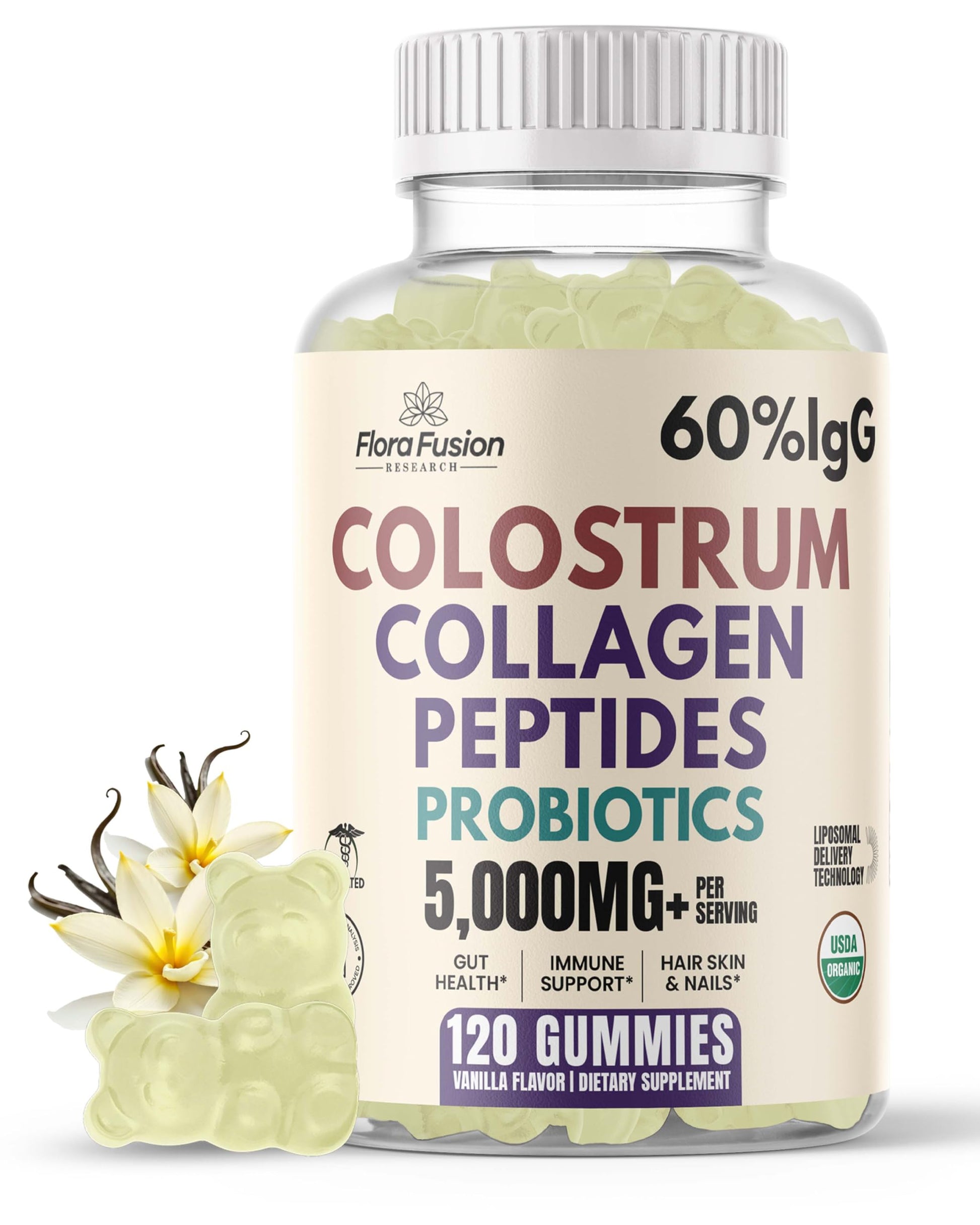 Flora Fusion Research Colostrum Gummies Collagen Peptides Probiotics 5000+ mg w/ 60% IgG Immunity & Gut Health Liposomal Technology U.S. Sourced Grass-Fed Bovine Vanilla Flavor, 120 Gummies