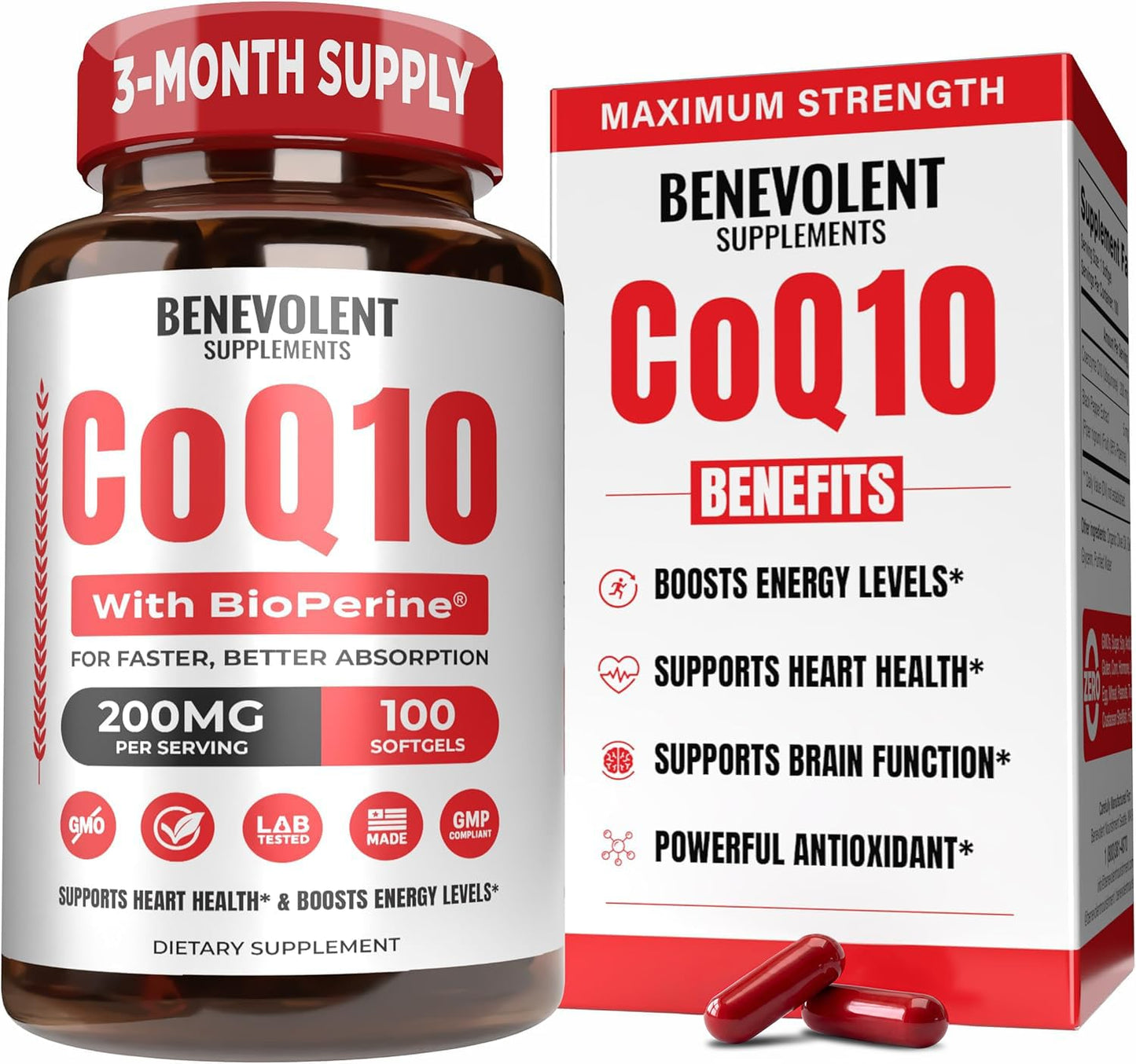 Benevolent Nourishment CoQ10 200mg with BioPerine for Max Absorption Softgels 100 Count