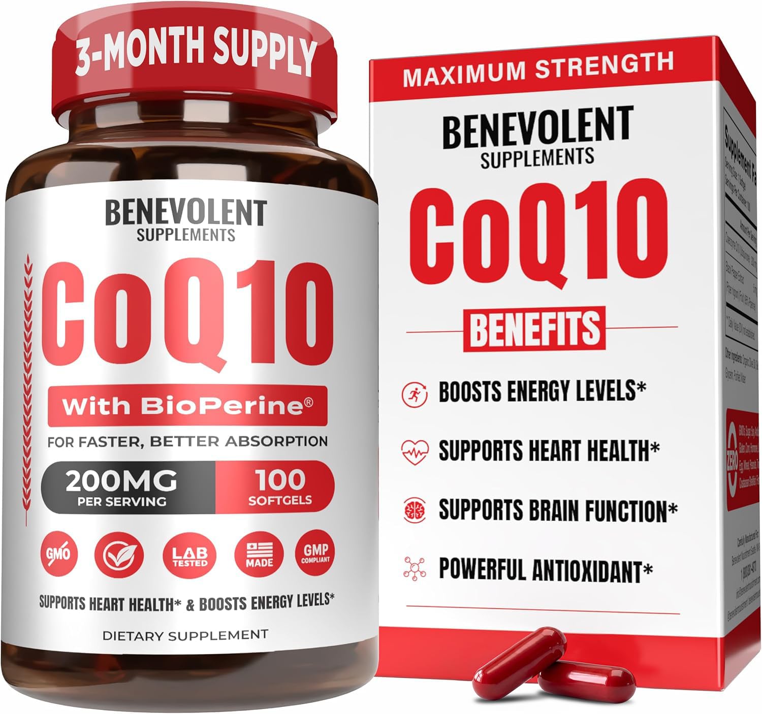 Benevolent Nourishment CoQ10 200mg with BioPerine for Max Absorption Softgels 100 Count