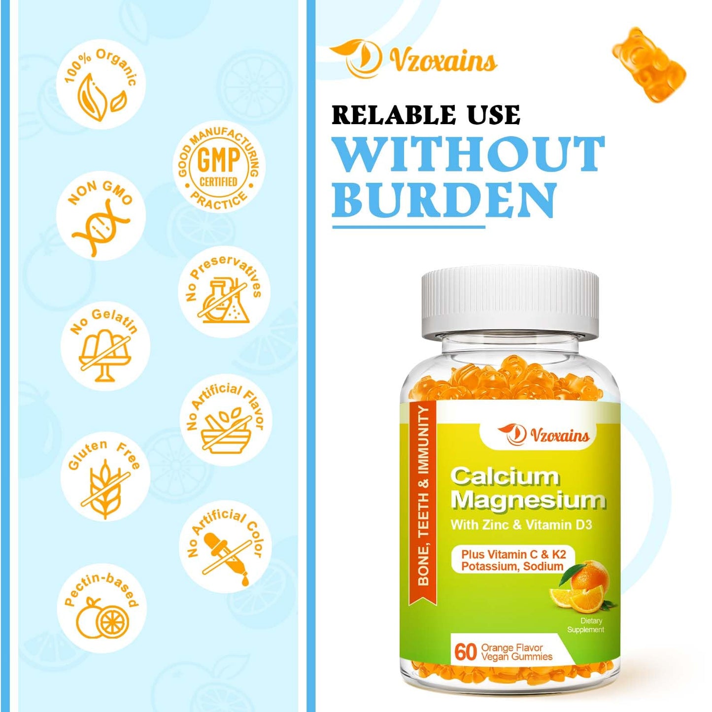 VZOXAINS Calcium Gummies, Sugar Free with Magnesium, Potassium & Vitamin D3, Vegan Orange Flavor, 60 Gummies