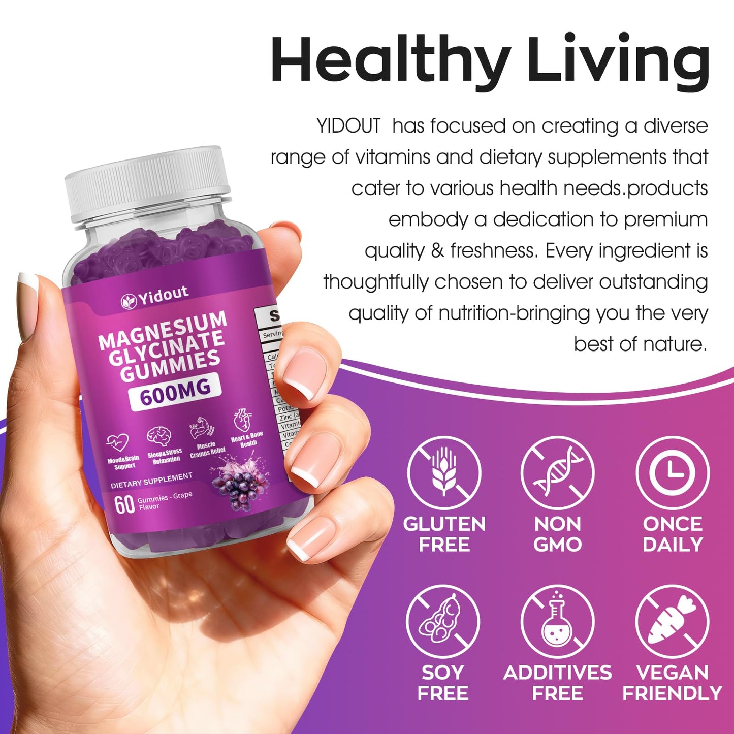 Yidout Magnesium Glycinate Gummies 600mg, 60 Count