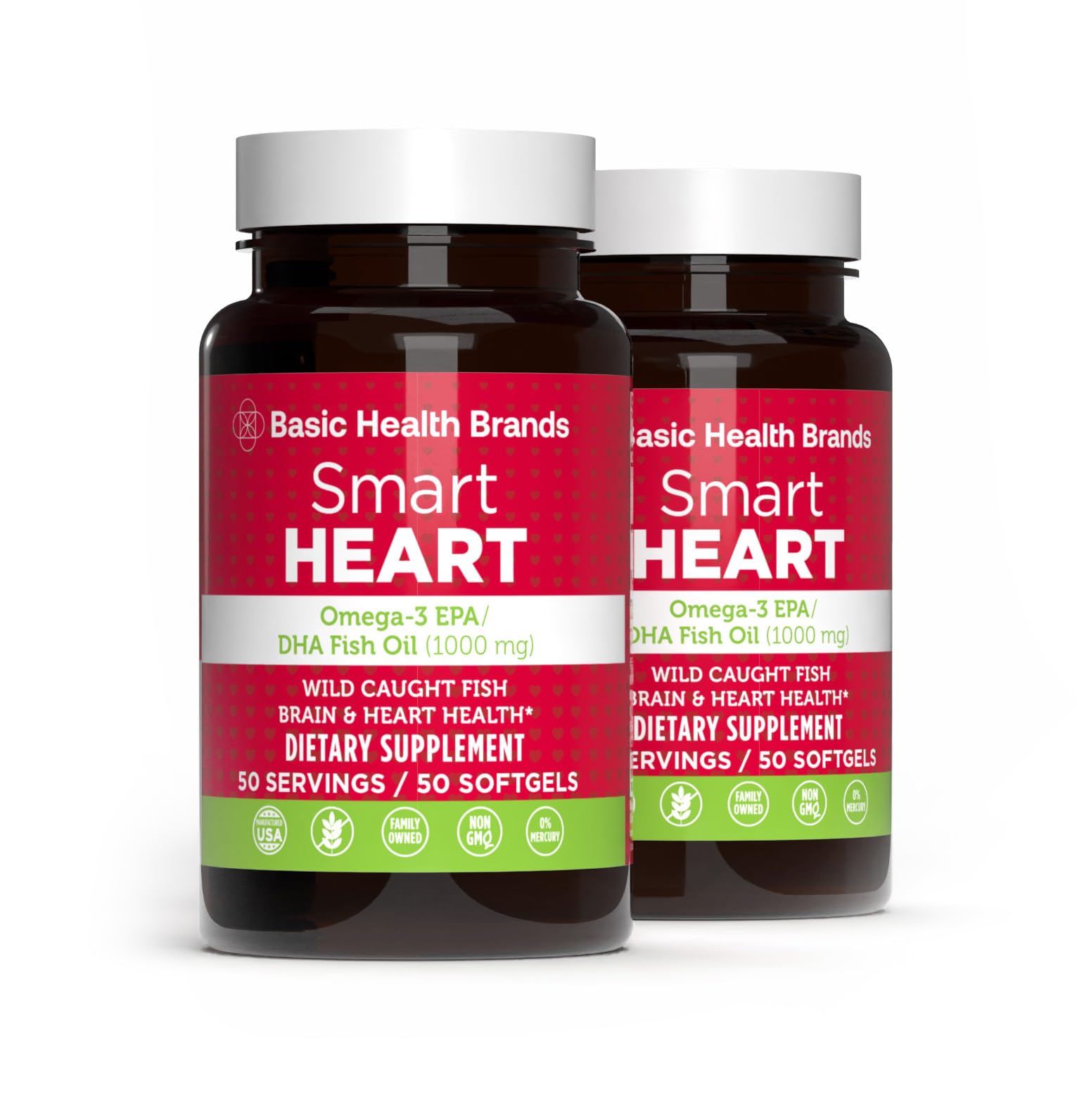 Basic Brands Smart Heart Omega-3 Fish Oil 1000mg - Triple Strength EPA & DHA, Non-GMO, Heart & Cognitive Support Softgels 100
