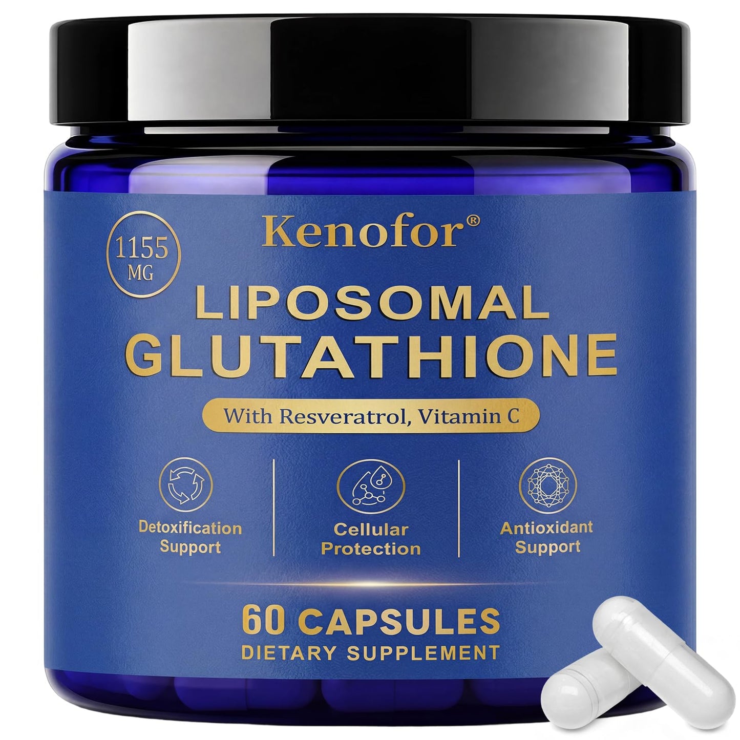 Kenofor Liposomal Glutathione with Resveratrol, Vitamin C & Vitamin B2 - 1155mg, High Absorption L-Glutathione Supplement, 60 Capsules