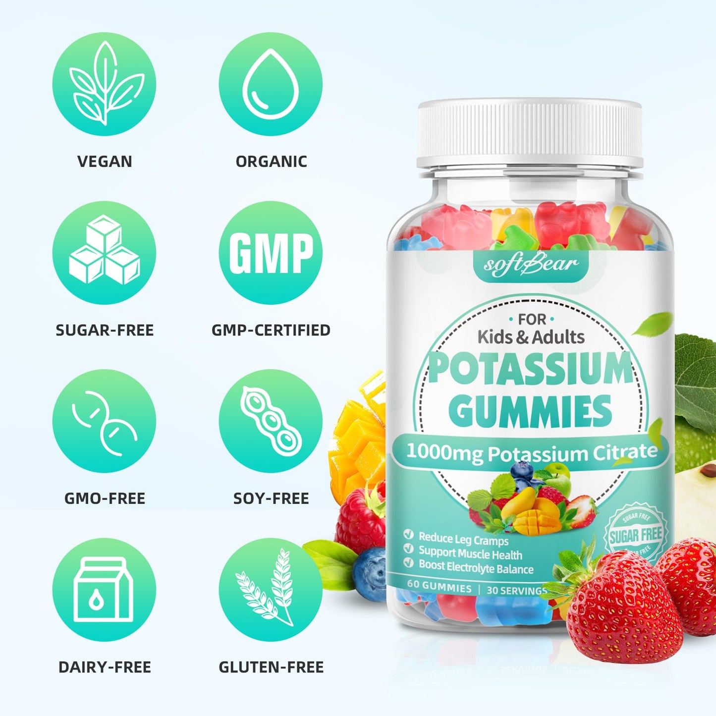Softbear Potassium Citrate Gummies, 1000mg, High Potency, Supports Leg Cramps & Muscle Health, 60 Count