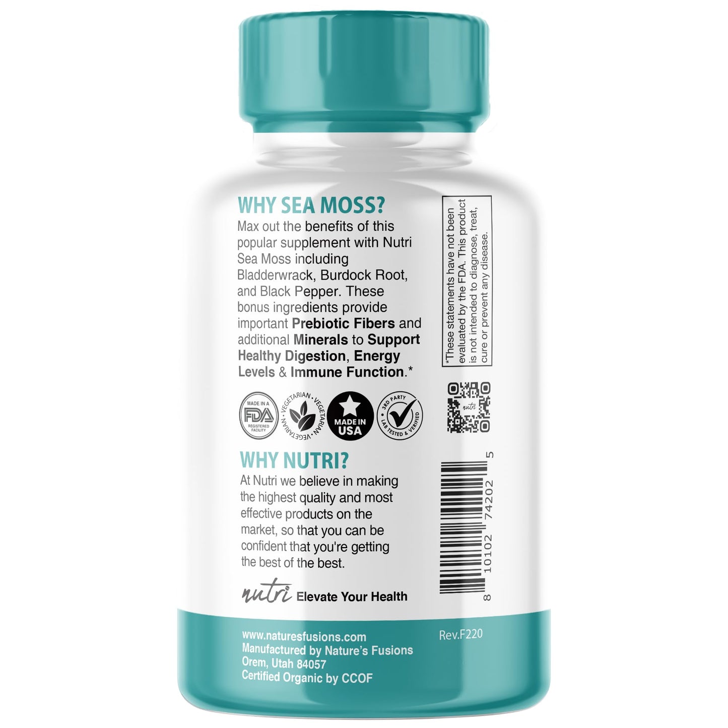 Nature's Fusions Nutri Certified Organic Sea Moss Capsules Sea Moss Complex Non-GMO, 60 Capsules