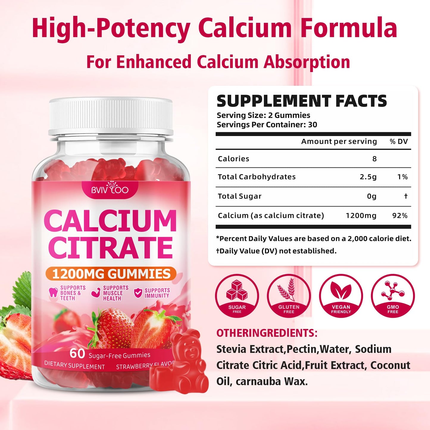 BVIVLOO High Absorption Calcium Citrate Gummies 1200mg, 60 Count