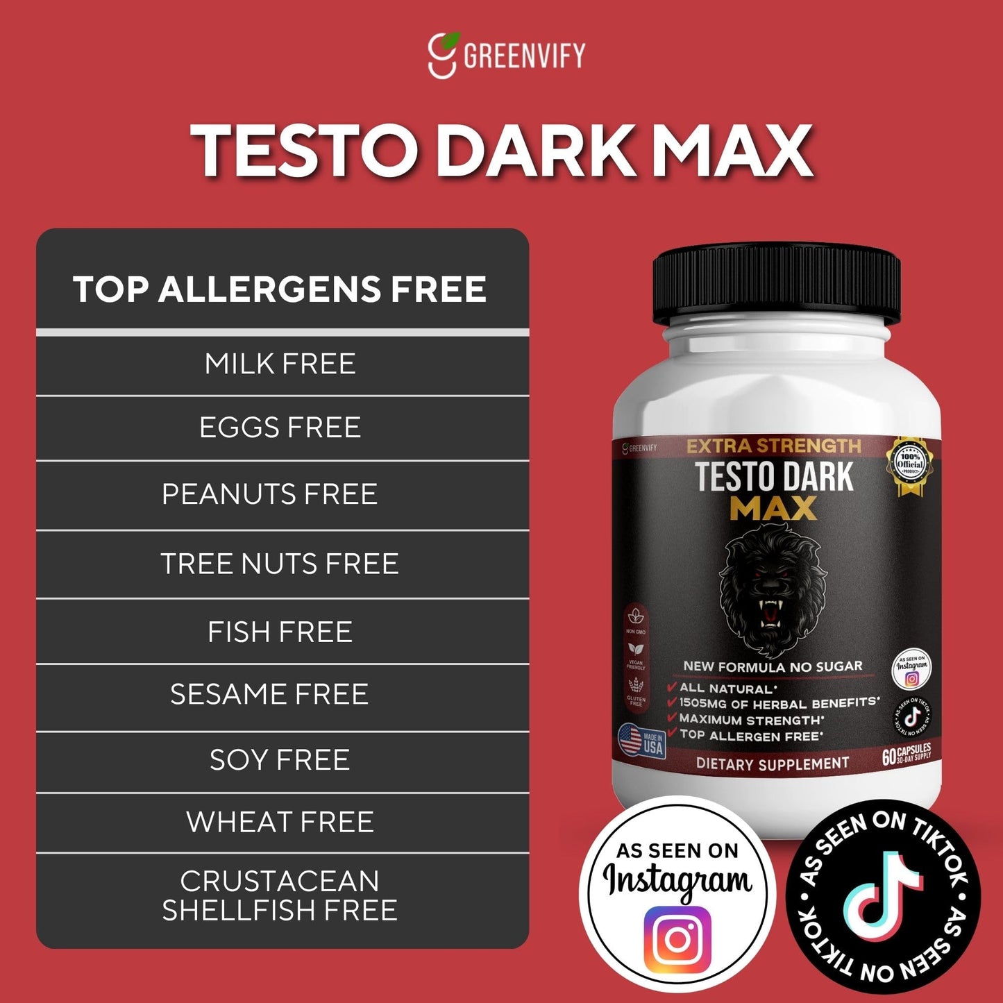 GREENVIFY Testo Dark Max Dietary Supplement, Organic Maca Root, Non-GMO, Vegan, Gluten Free, 60 Capsules