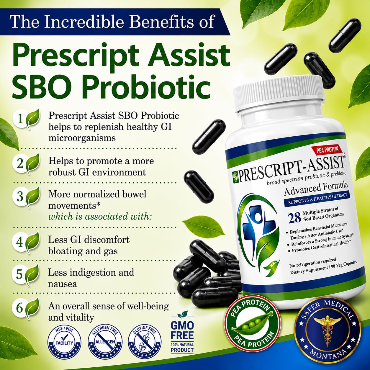 Prescript-Assist Advanced Formula with Pea Protein 28-Strains Soil Microflora Probiotic & Prebiotic for Adults, Soil-Based Probiotics for Gut Health & Digestion, No Refrigeration Needed Capsules, 90 Count