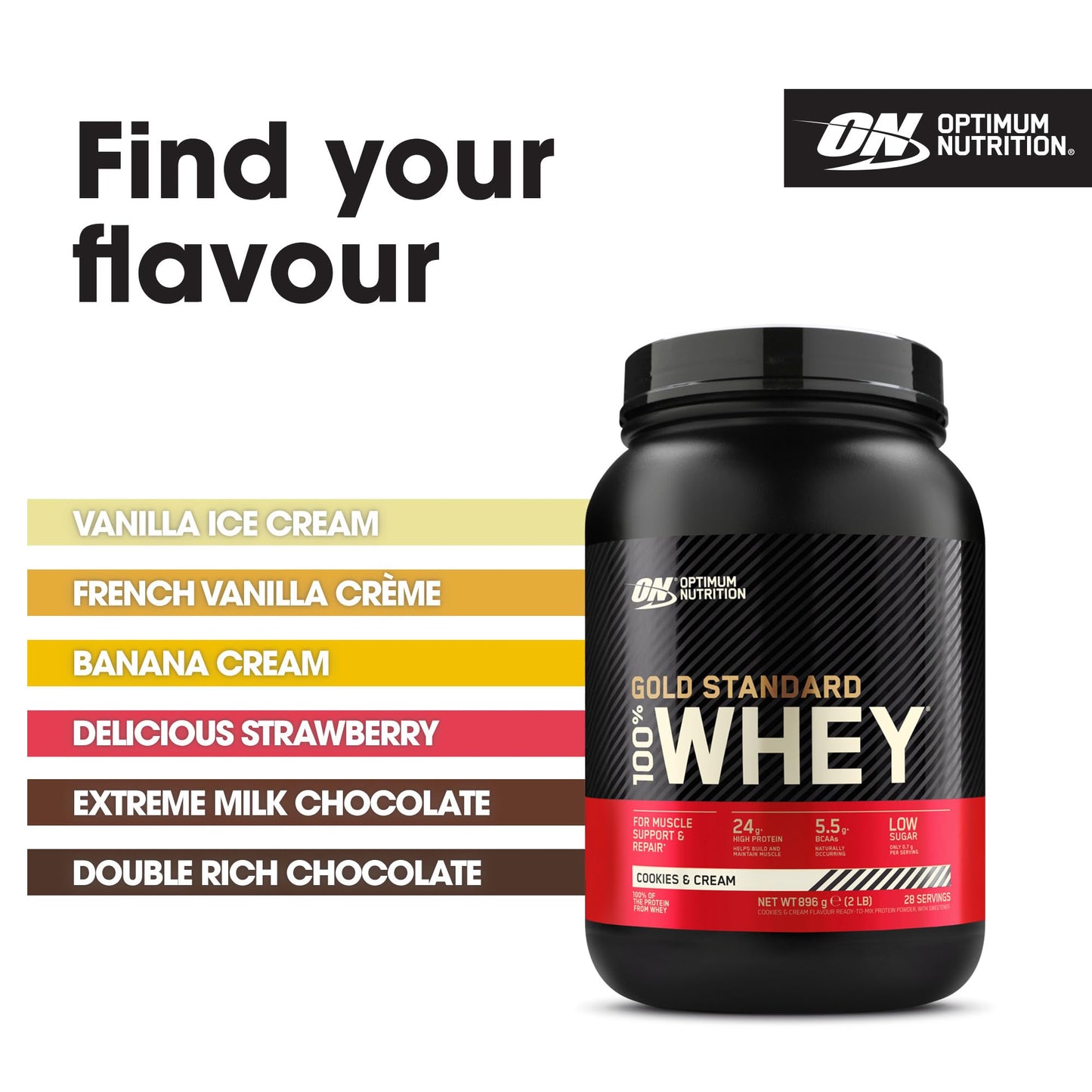 Optimum Nutrition Gold Standard 100% Whey Protein Powder, Cookies & Cream, 2 Pound (Packaging May Vary)