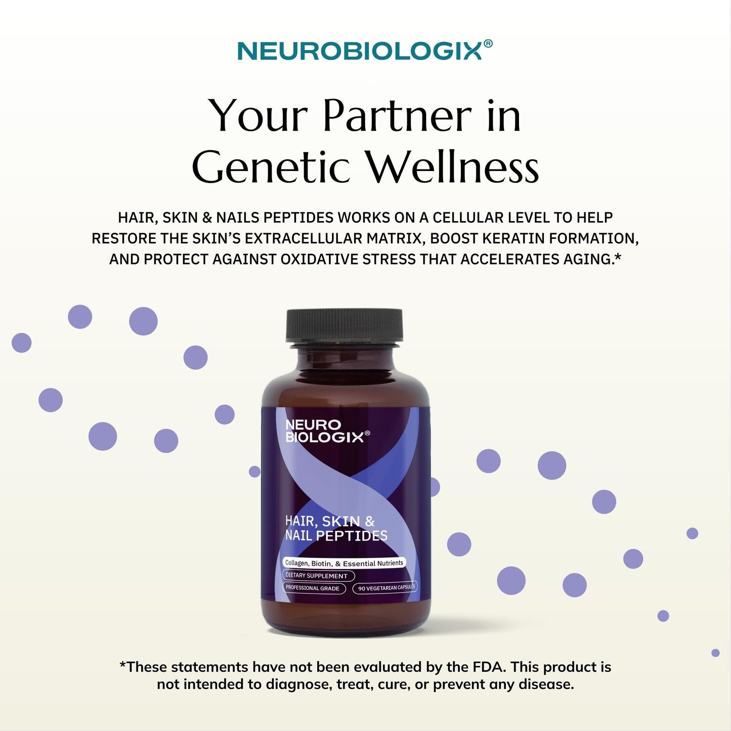 Neurobiologix Hair Skin & Nail Peptides, Biotin & Collagen Peptide Supplement for Hair Skin Nail Support, Amino Acid & Peptide Complex for Daily Beauty Wellness, Gluten Free, Vegetarian, 90 Capsules