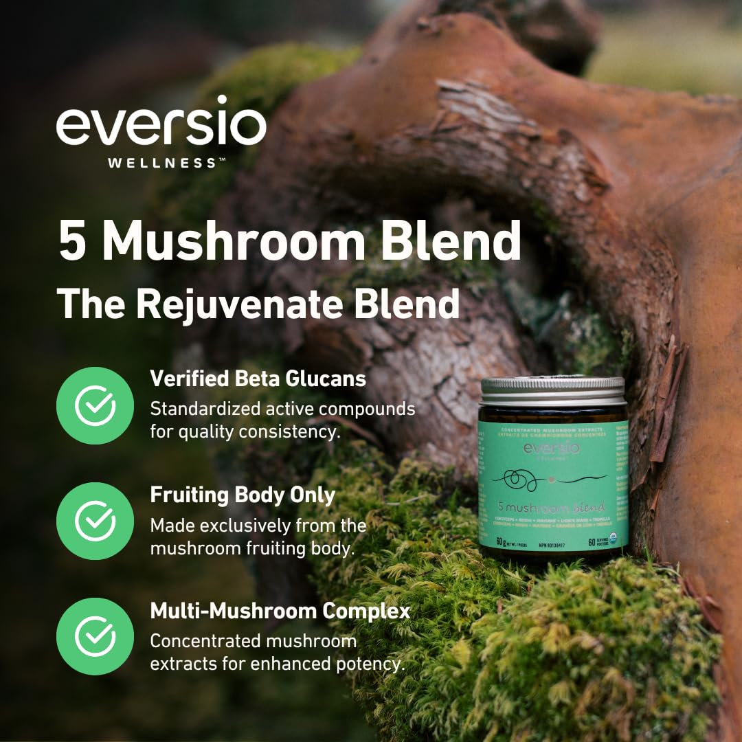 Eversio Wellness Organic 5 Mushroom Blend Powder, 60 Servings (60g), 1 Pack