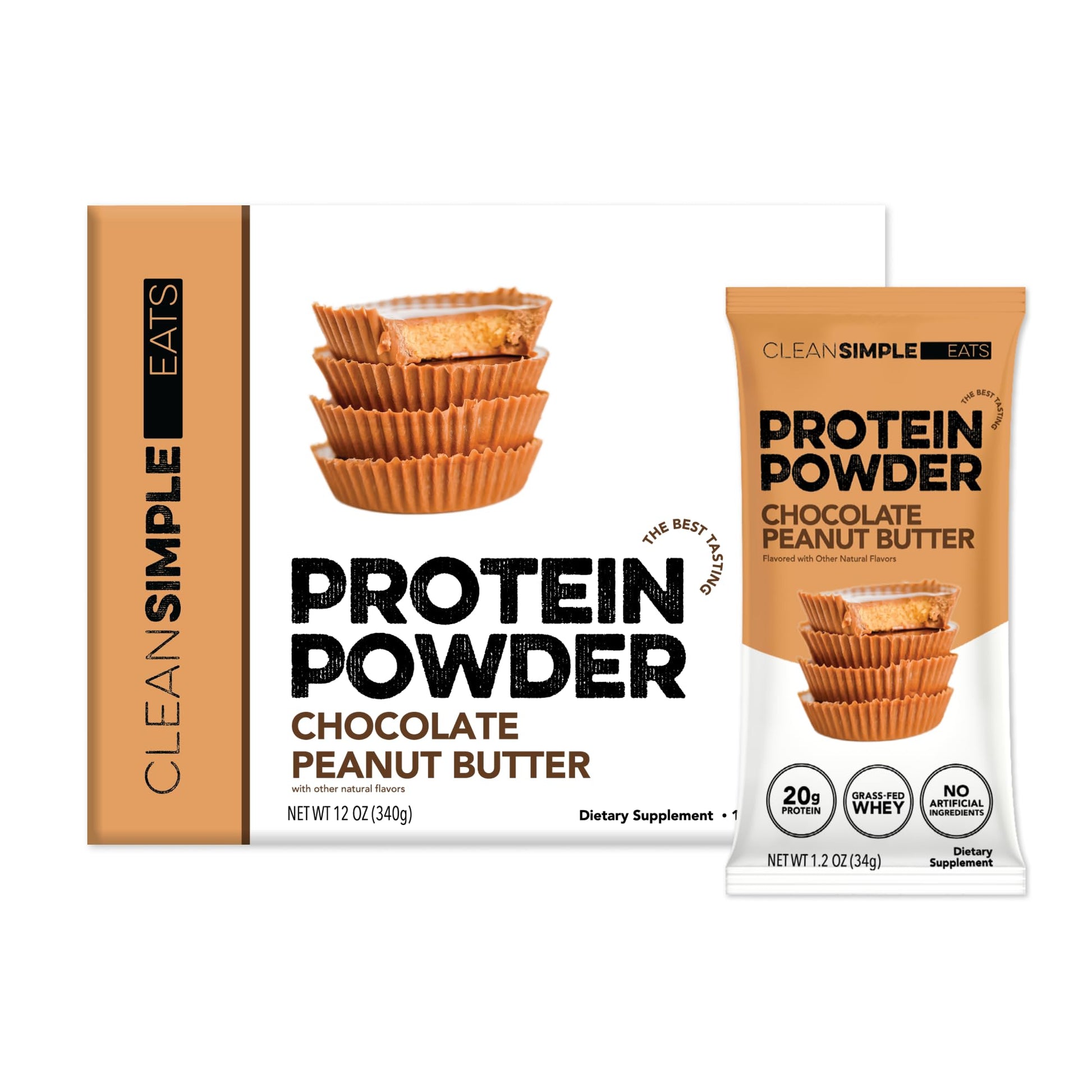 Clean Simple Eats Whey Isolate Protein Powder, Chocolate Peanut Butter, Naturally Sweetened, 20g Protein, Grass-Fed, Digestive Enzymes, Gluten Free, Non-GMO, 12 Servings