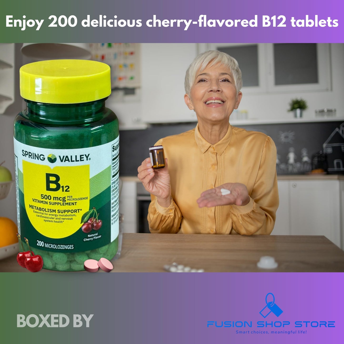 Fusion Shop Store Vitamin B12 500 mcg Sublingual Cherry Flavor Microlozenges, 200 Count