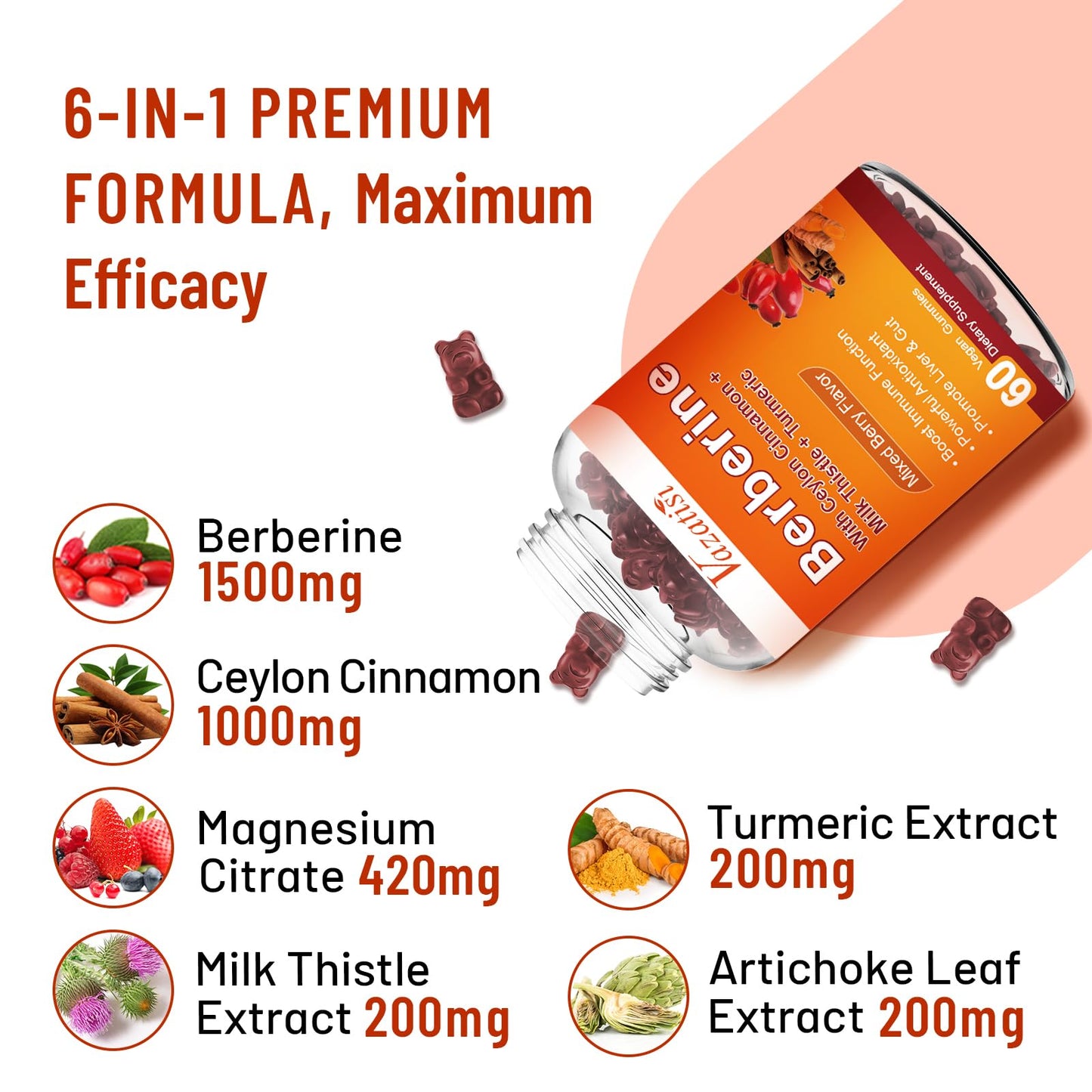 Vazatisi Berberine Gummies 1500mg, 60 Gummies