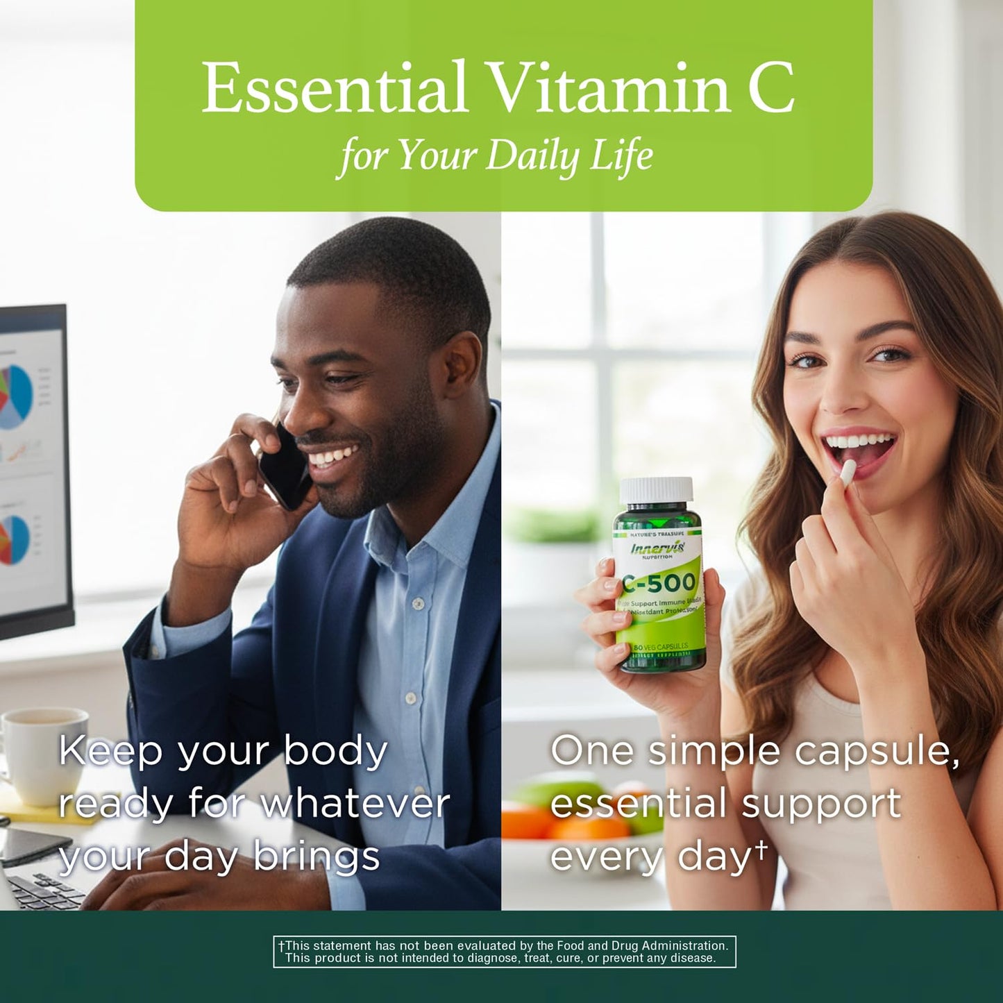 INNERVISNUTRITION C-500 Vitamin C 500mg Capsules, 90 Count