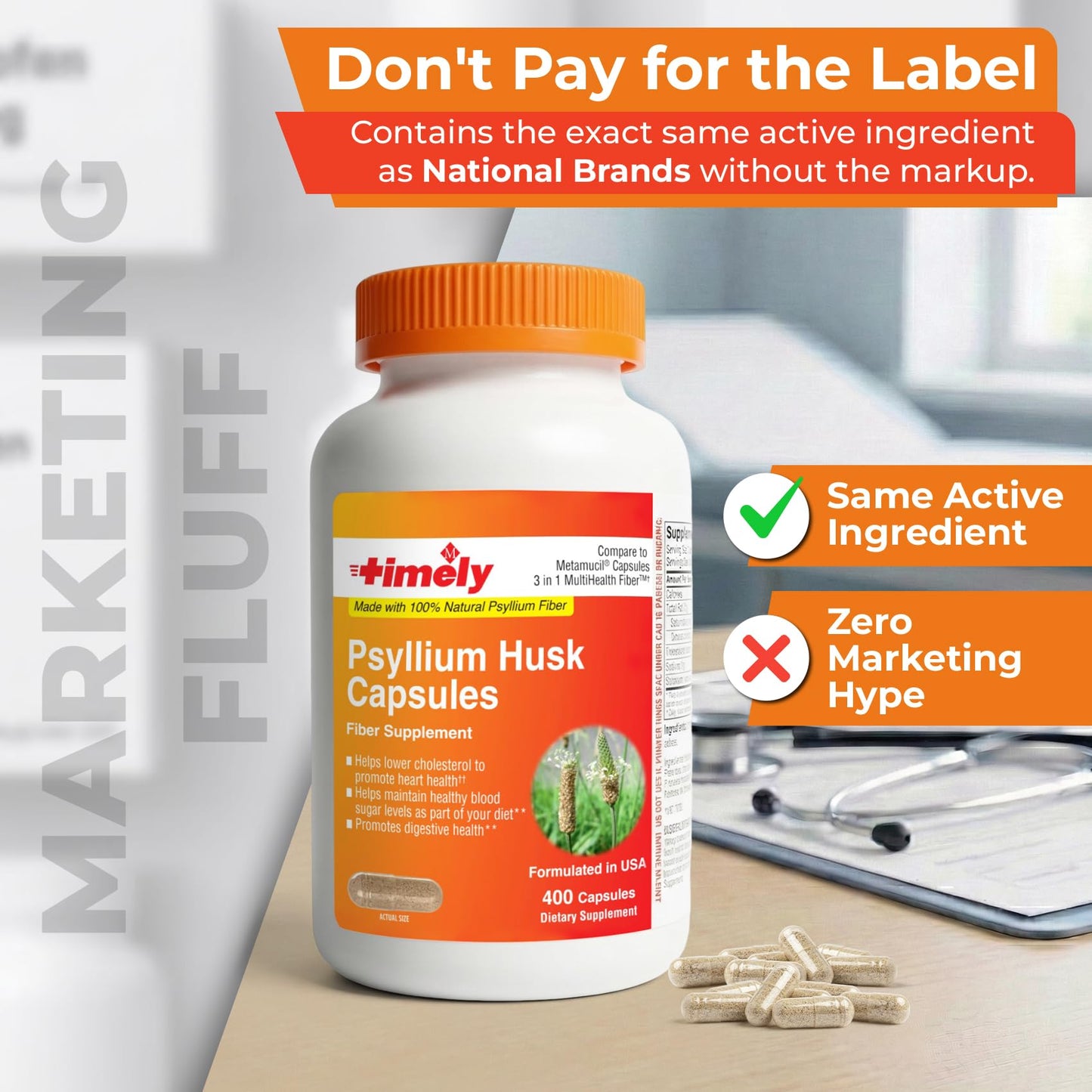 TIME-CAP LABS, INC. Psyllium Husk Fiber Capsules 400 Count