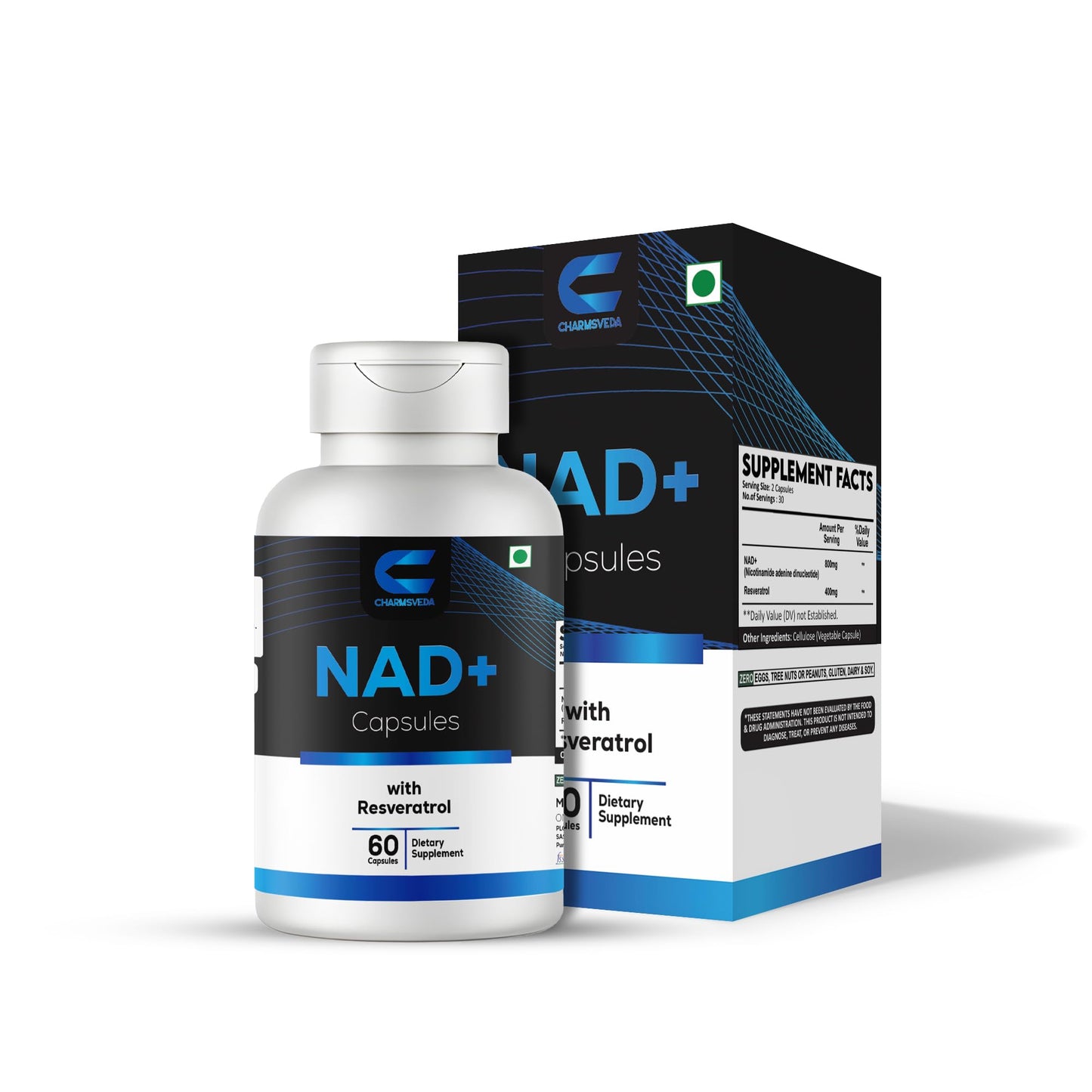 CHARMSVEDA NAD+ Capsules with Resveratrol & Black Pepper, 60 Vegan Capsules