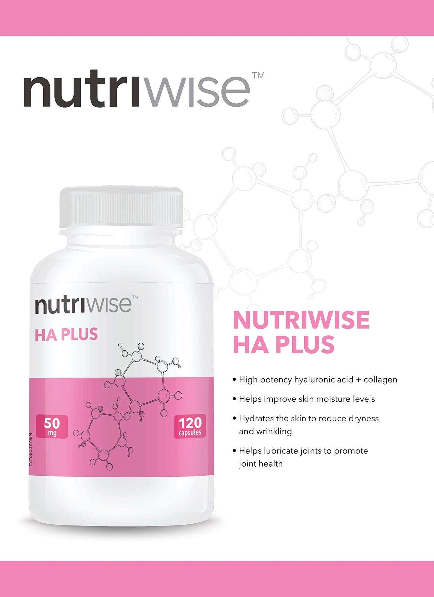 NutriWise HA Plus High Potency Hyaluronic Acid + Collagen Capsules, 120 Count