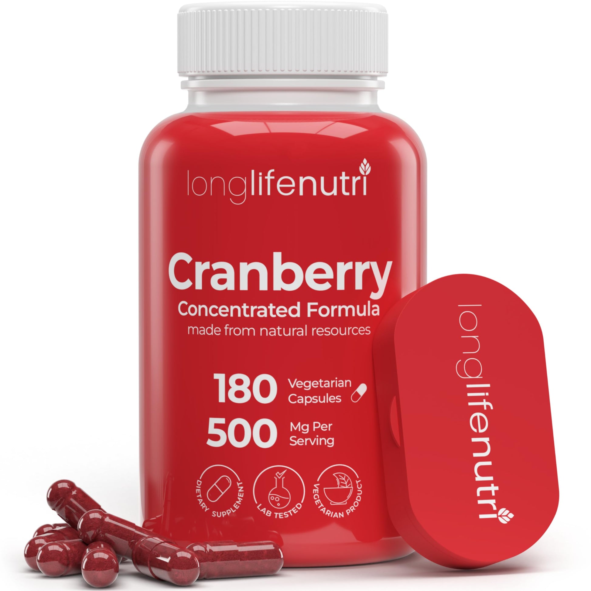 LongLifeNutri Cranberry Extract with Vitamin C & E Pure Concentrated Formula, 500mg per Serving, 180 Capsules