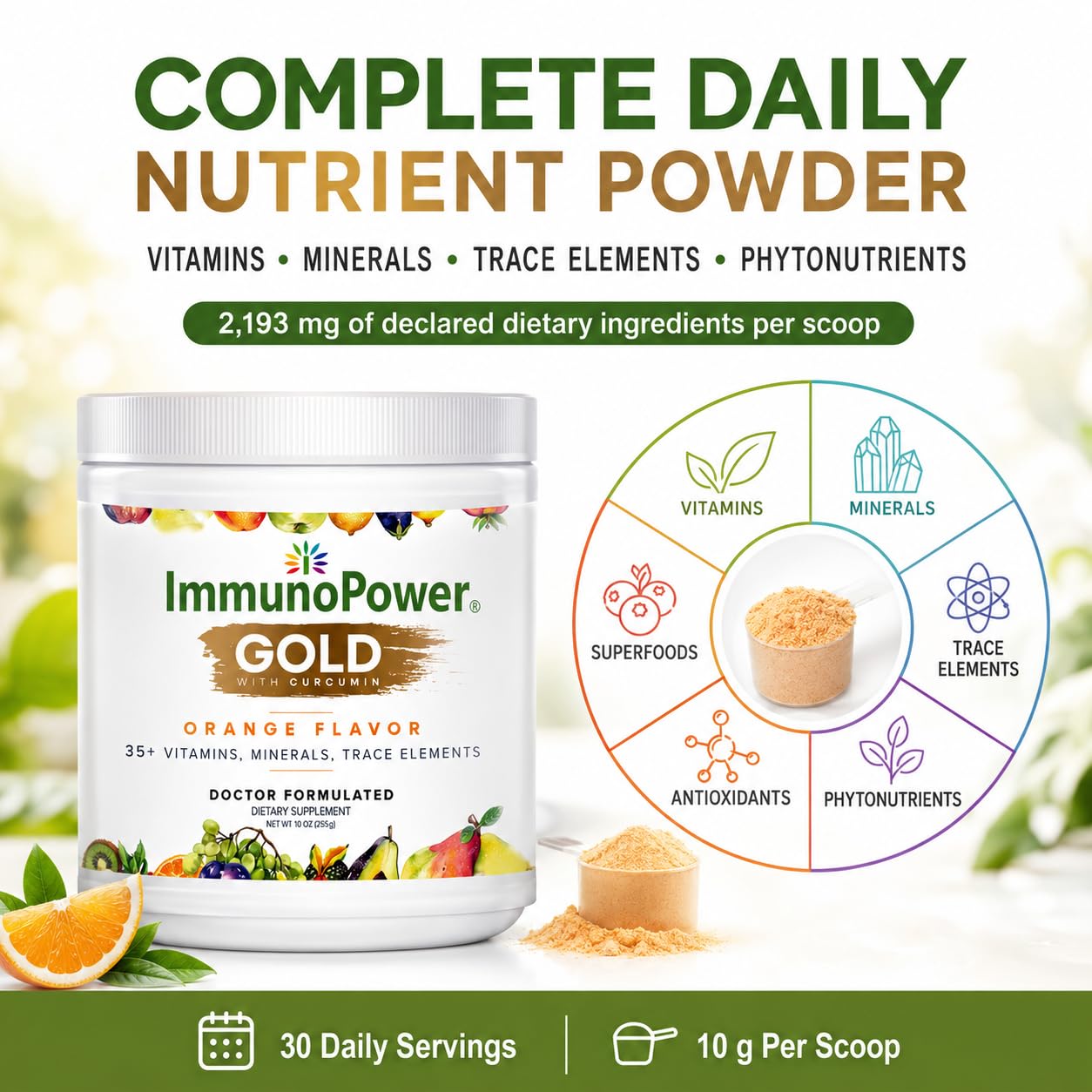 ImmunoPower Gold High-Absorption Turmeric Root Extract & BioPerine Immune Booster Doctor Formulated with 33 Nutrients Orange Flavor Powder 10