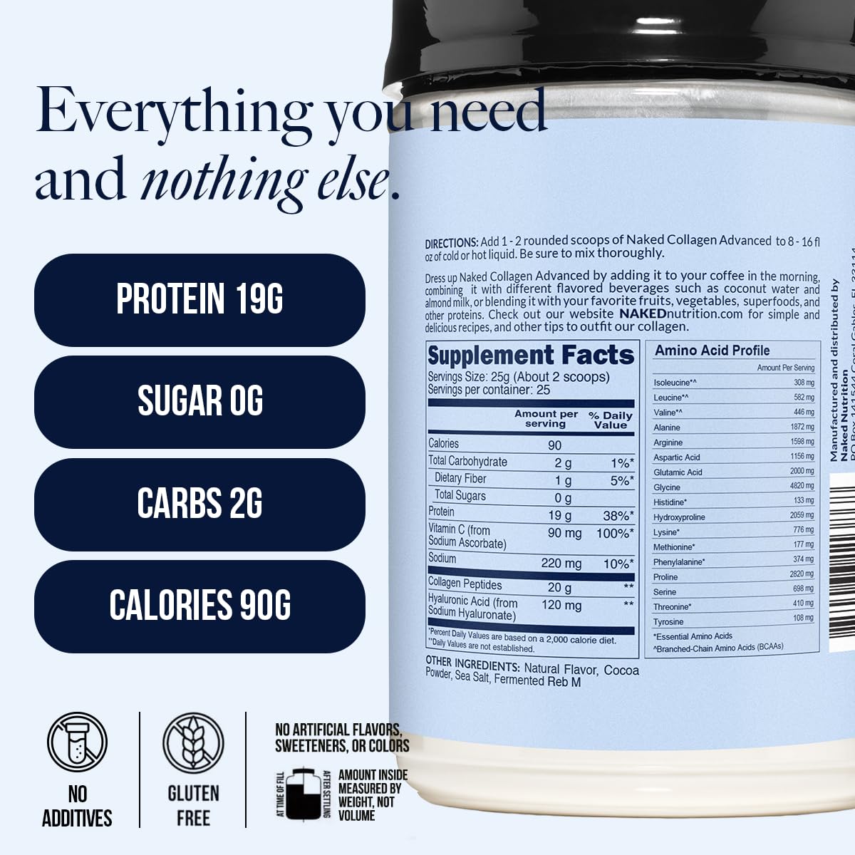 NAKED Chocolate Collagen Advanced - Peptides Protein Powder with Hyaluronic Acid & Vitamin C, Pasture-Raised, Grass-Fed Hydrolyzed Collagen Supplement, Paleo Friendly, Non-GMO, Keto, Gluten Free, 20.8 oz, 25 Servings