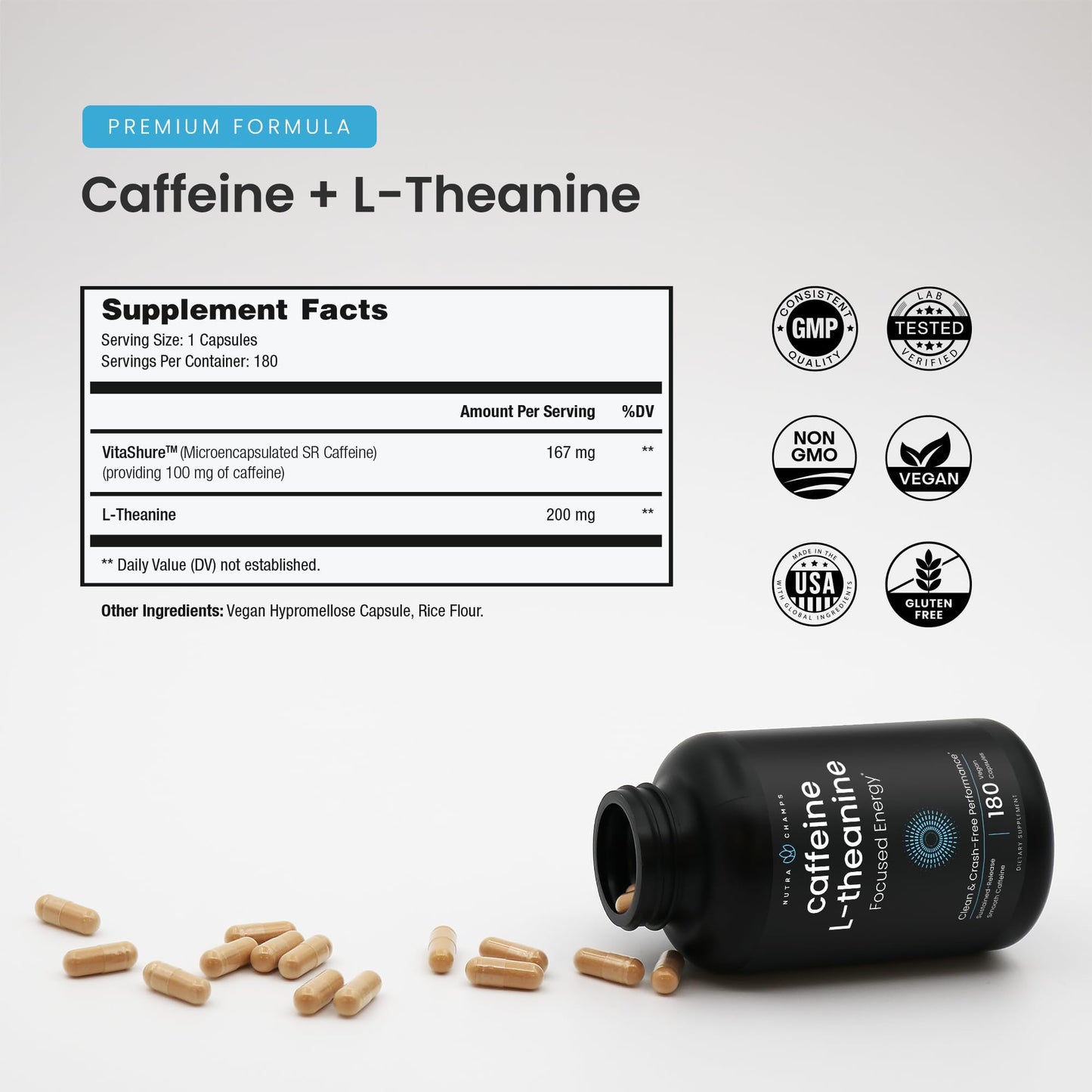 NutraChamps Caffeine Pills with L-Theanine Capsules, 180 Count