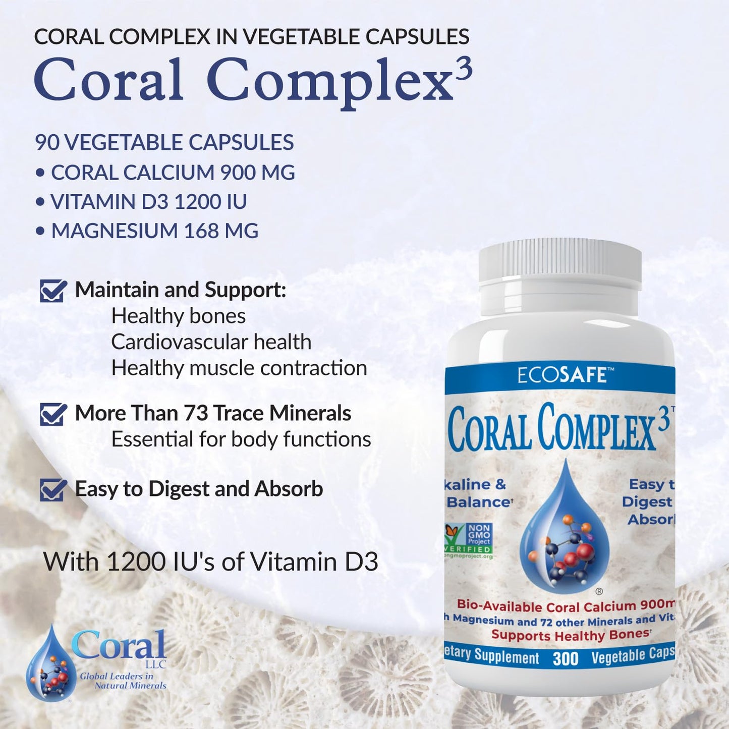 Coral White Coral Complex 3 Calcium Supplement Vitamin D3 & Magnesium – 900 mg Bioavailable Coral Calcium for Bone Strength, Joint Support & pH Balance – Trace Minerals, Non-GMO, 300 Veg Capsules
