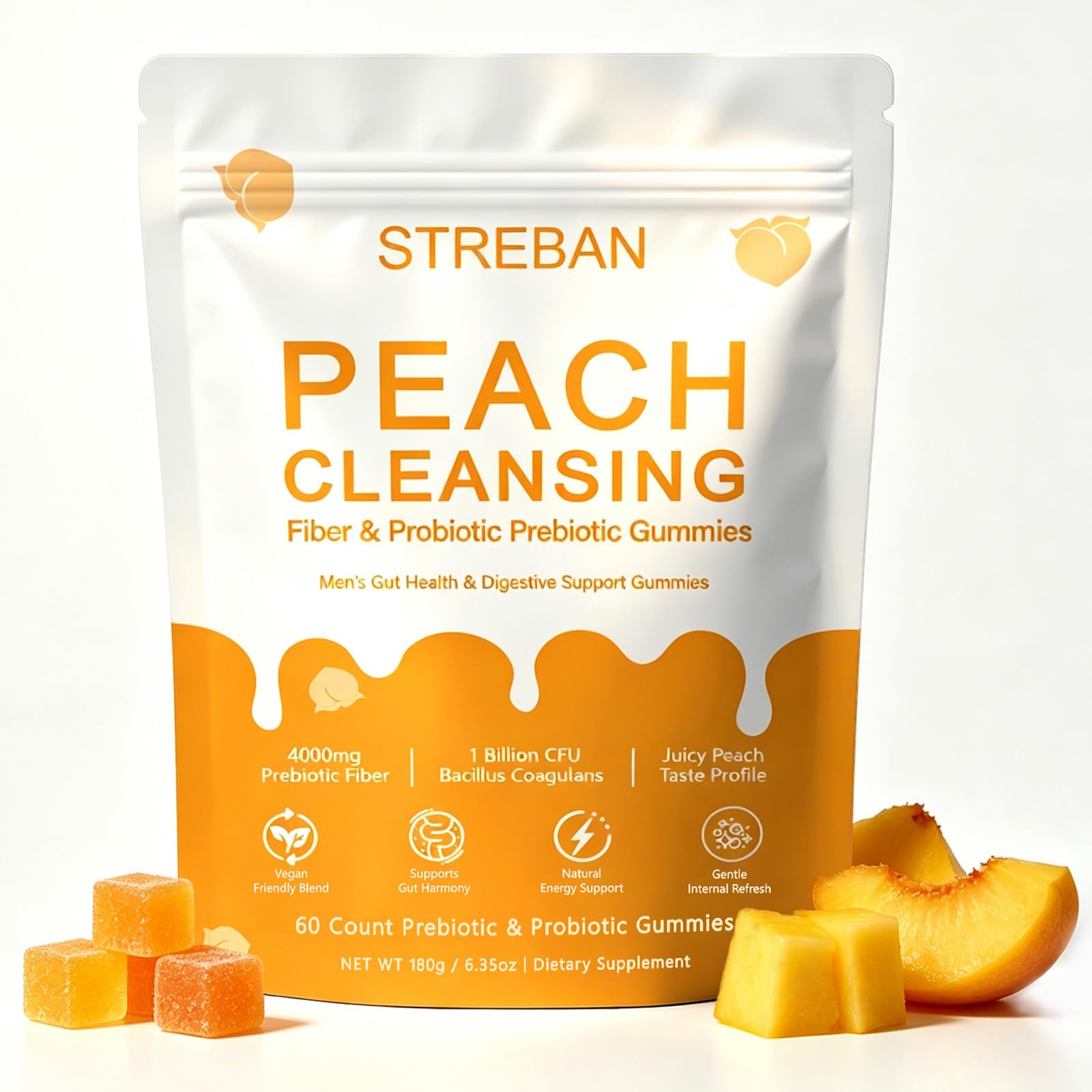 STREBAN Peach Pre+Probiotic Fiber Clean Gummies for Men, 60 Count