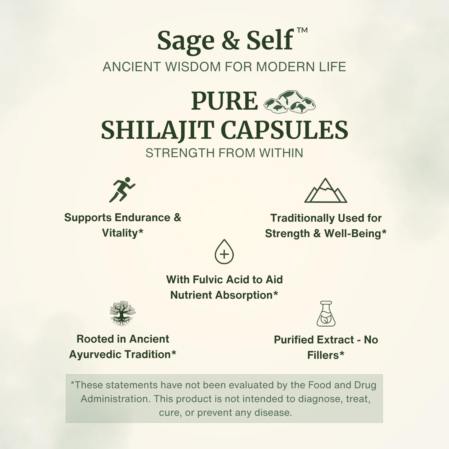 Sage & Self Pure Shilajit Capsules – Purified Shilajit Extract (40% Fulvic Acid) – 500 mg Per Capsule – Vegan Herbal Supplement, 60 Capsules